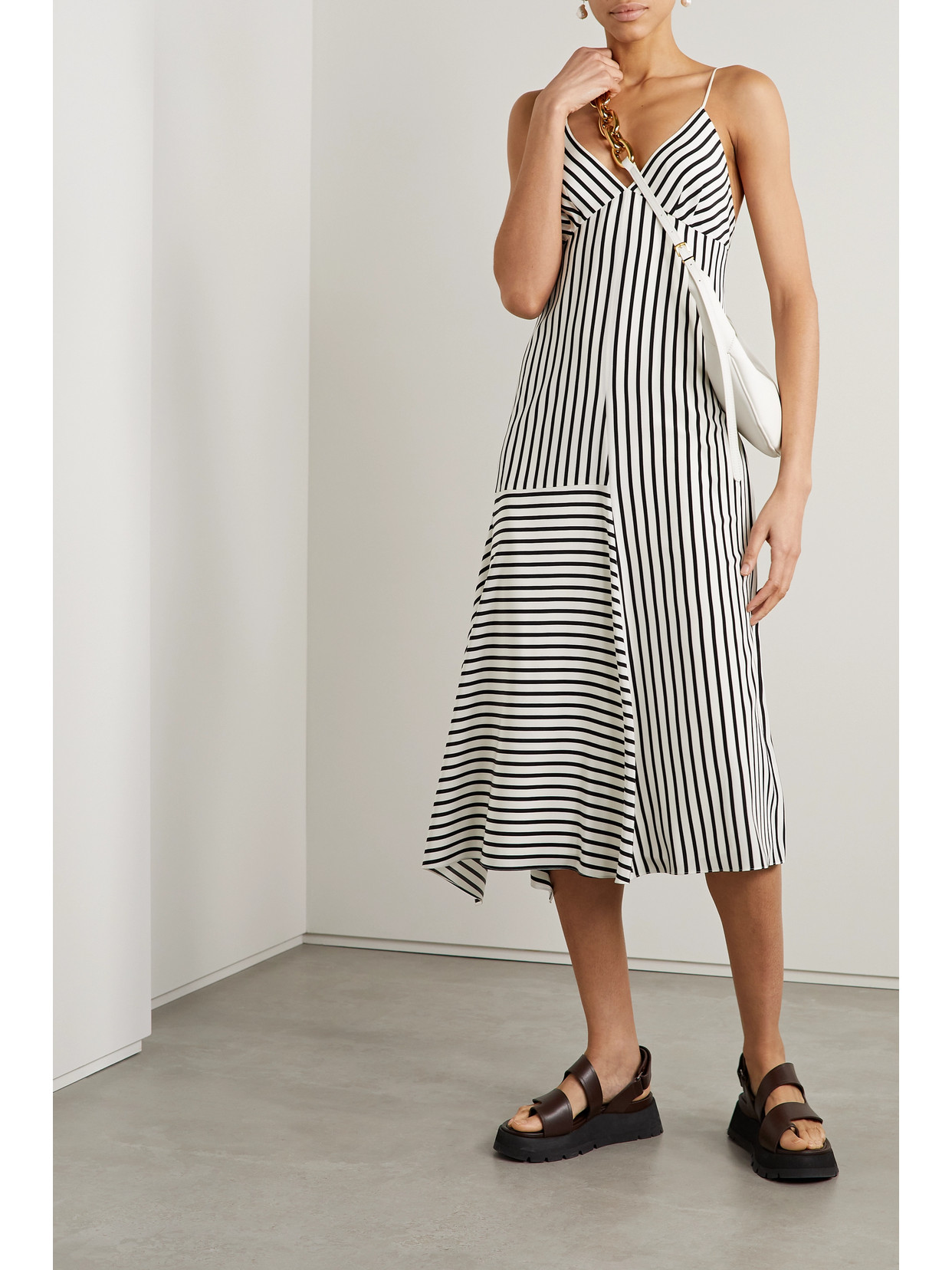 Shop Tibi Striped Silk-crepe Midi Dress In White