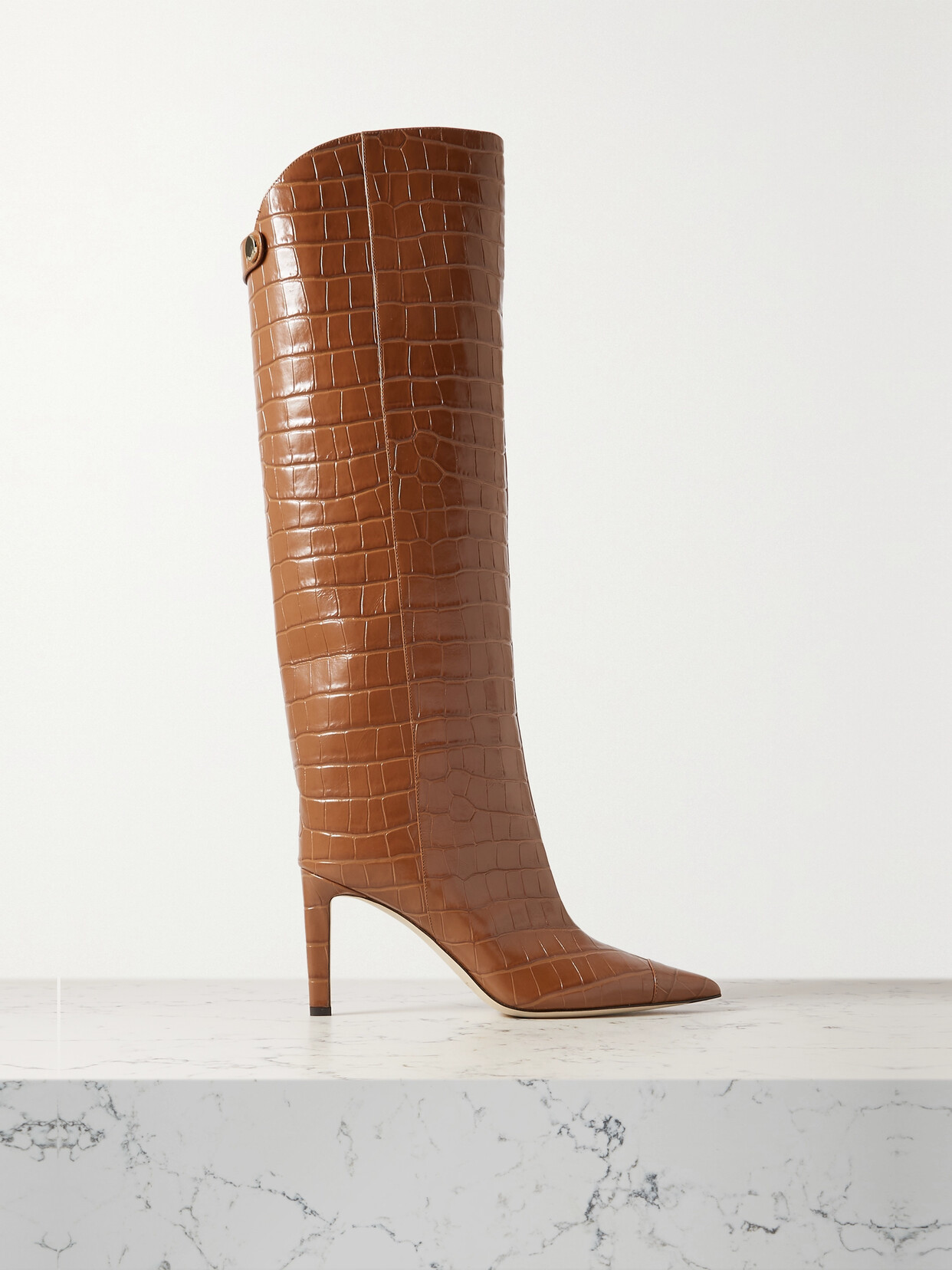 Jimmy Choo Alizze 85 Croc-effect Glossed-leather Knee Boots In Brown