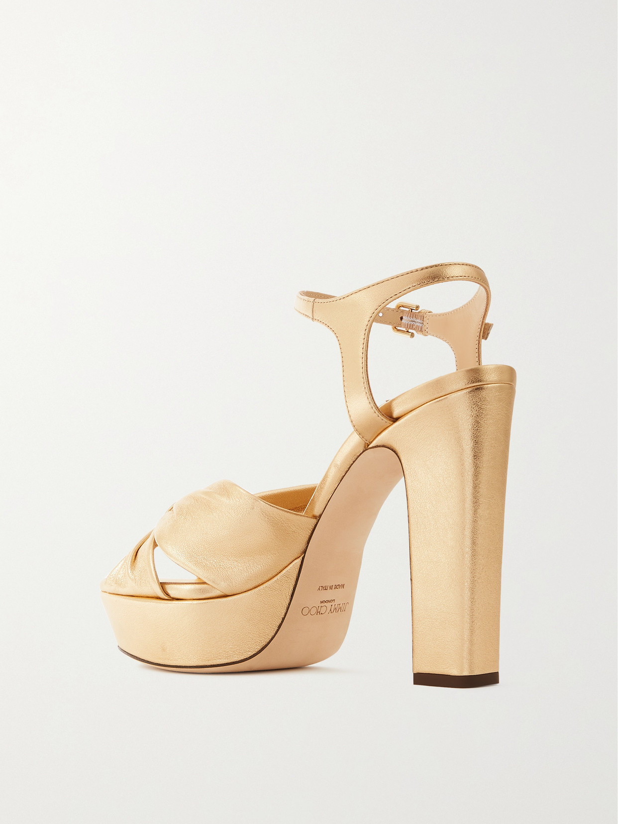 Shop Jimmy Choo Heloise 120 Knotted Metallic Leather Platform Sandals In Gold