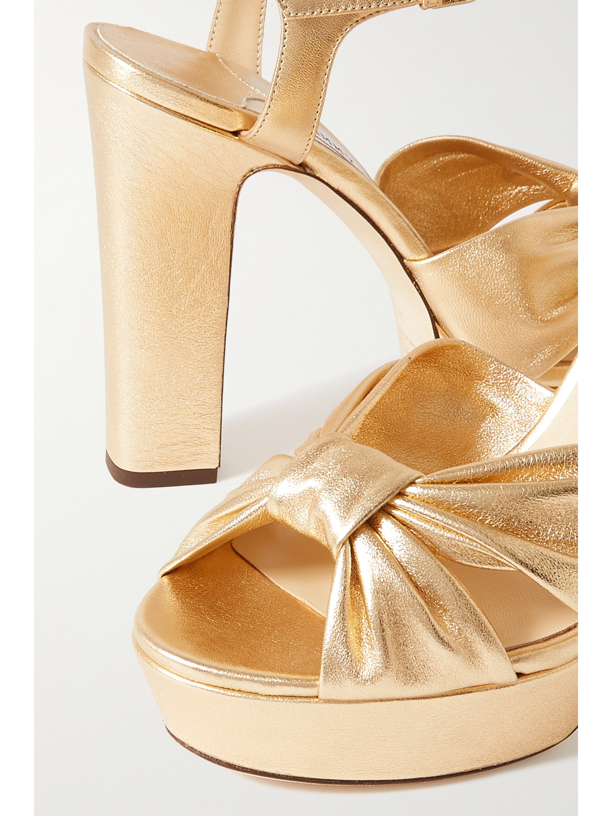 Shop Jimmy Choo Heloise 120 Knotted Metallic Leather Platform Sandals In Gold