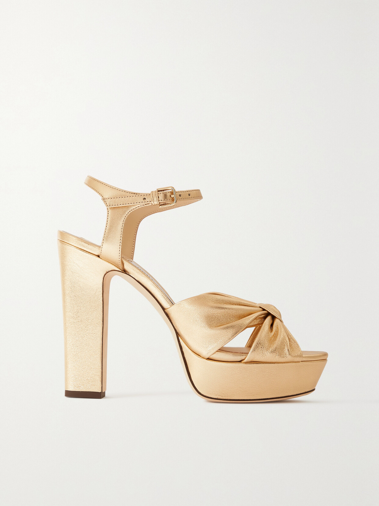 Shop Jimmy Choo Heloise 120 Knotted Metallic Leather Platform Sandals In Gold