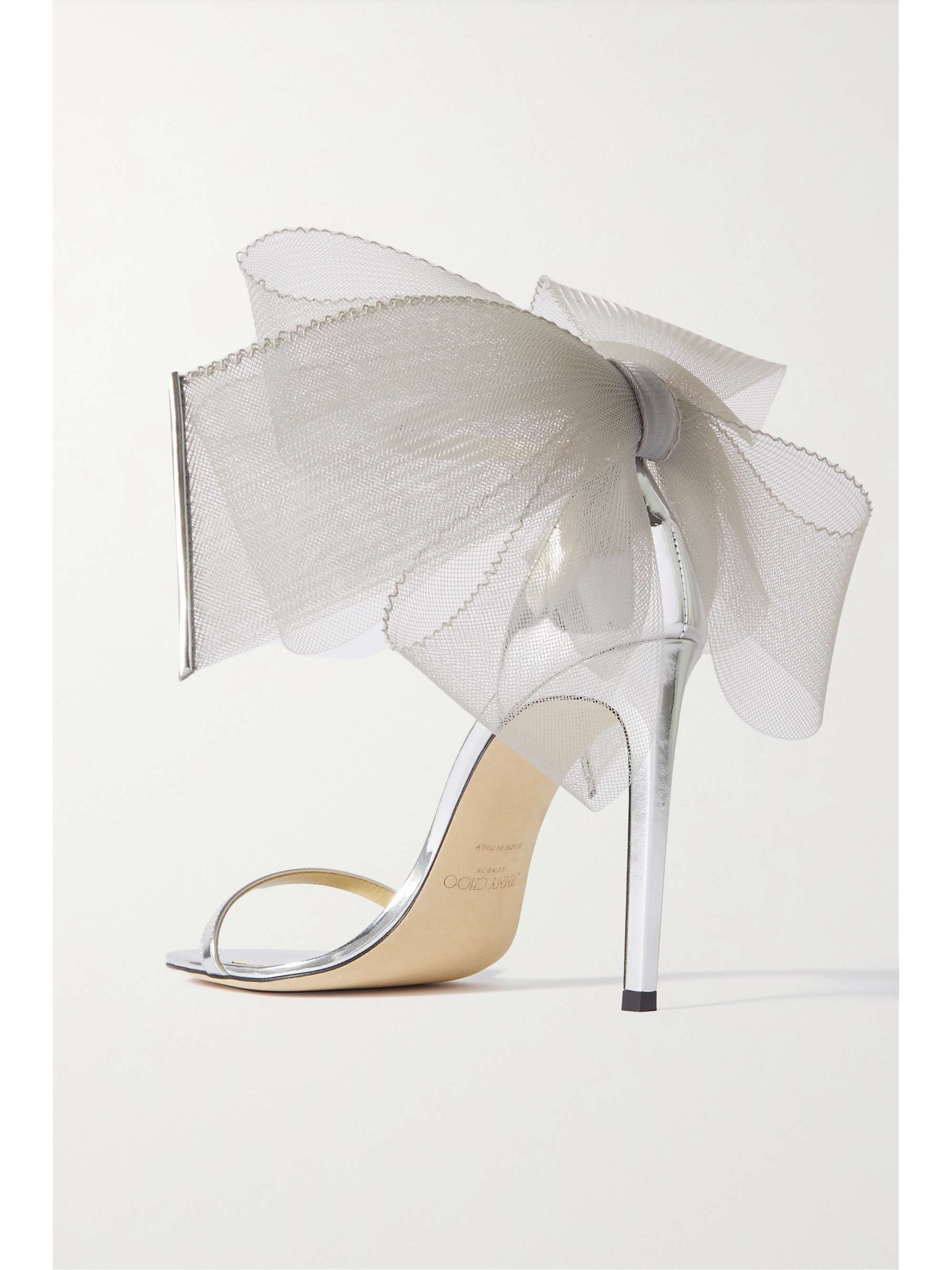 JIMMY CHOO Aveline 100 bow-detailed mirrored-leather sandals