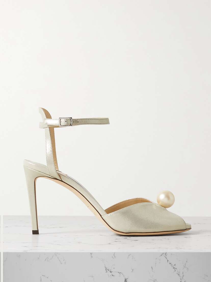 Jimmy Choo Sacora 85 Faux Pearl-embellished Metallic Leather Sandals