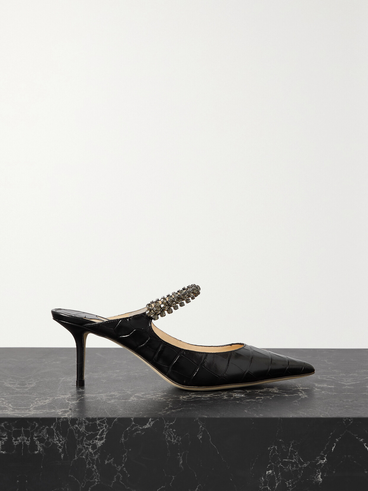 Jimmy Choo Bing 65 Crystal-embellished Croc-effect Glossed-leather Mules