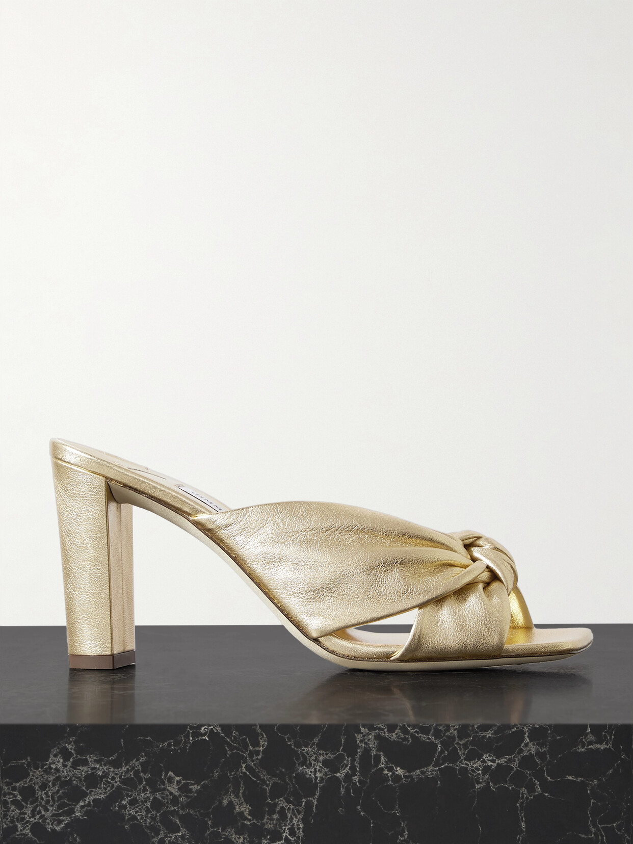 Jimmy Choo Avenue 85 Knotted Metallic Leather Mules In Gold