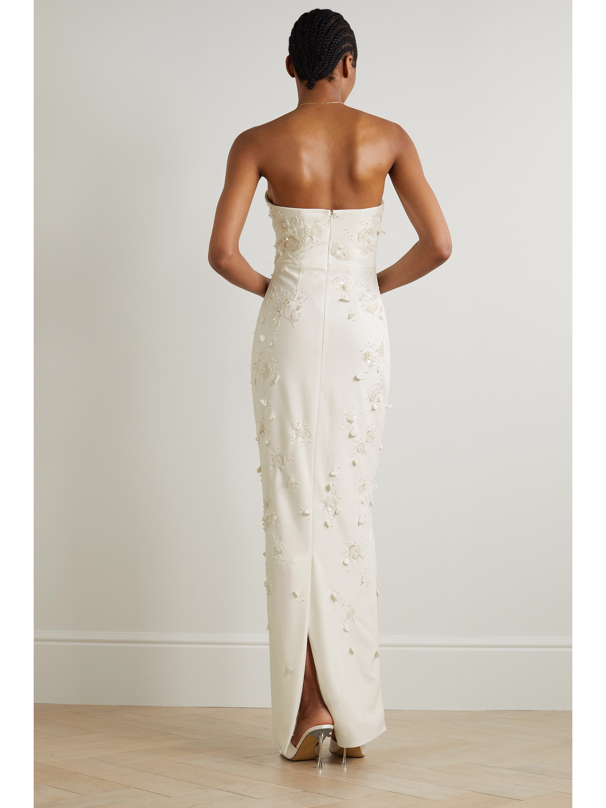 Shop Clio Peppiatt Strapless Embellished Stretch-crepe Gown In Ivory