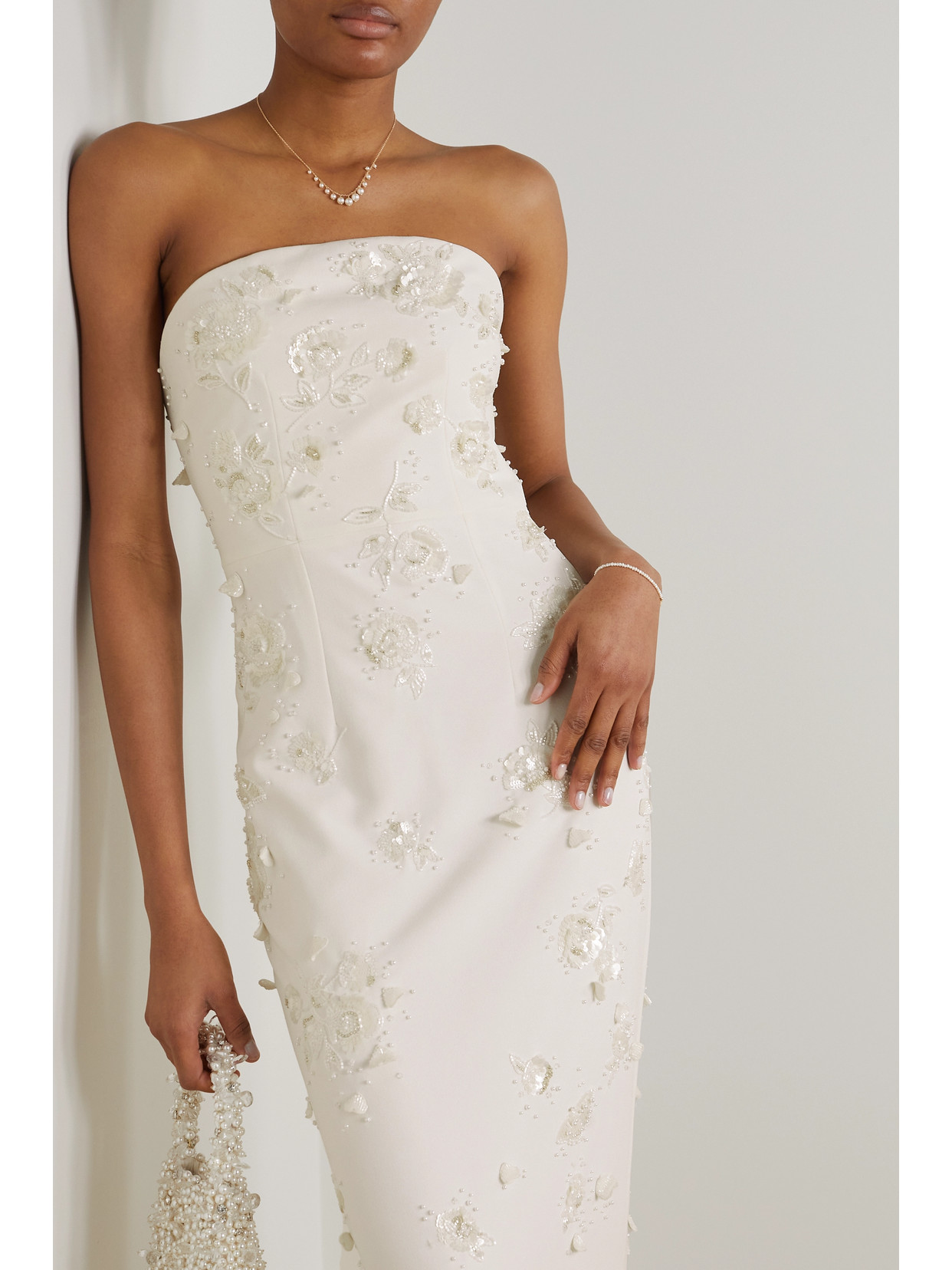 Clio Peppiatt Strapless Embellished Stretch-crepe Gown In Ivory