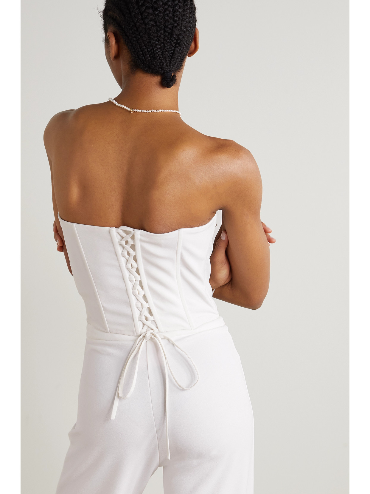 Shop Clio Peppiatt Strapless Embellished Stretch-crepe Bustier Top In Ivory