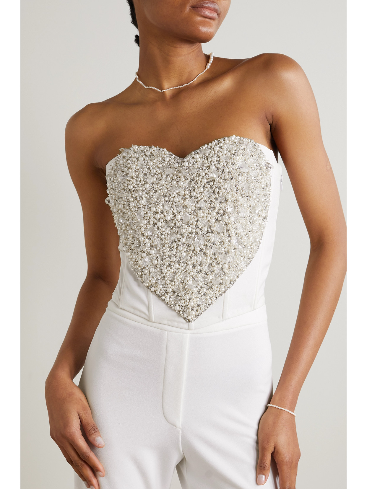 Shop Clio Peppiatt Strapless Embellished Stretch-crepe Bustier Top In Ivory