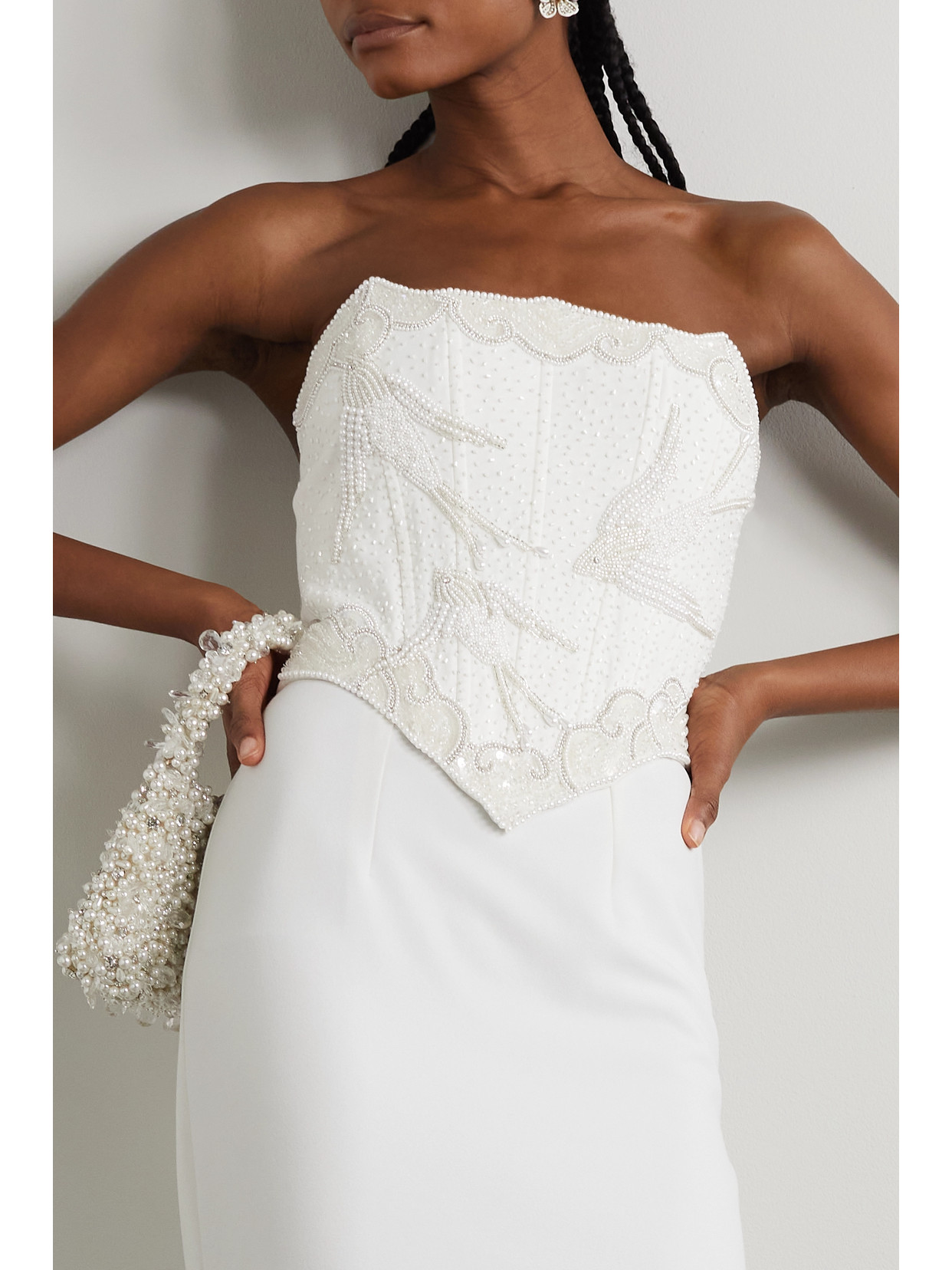 Shop Clio Peppiatt Embellished Crepe Bustier Top In Ivory