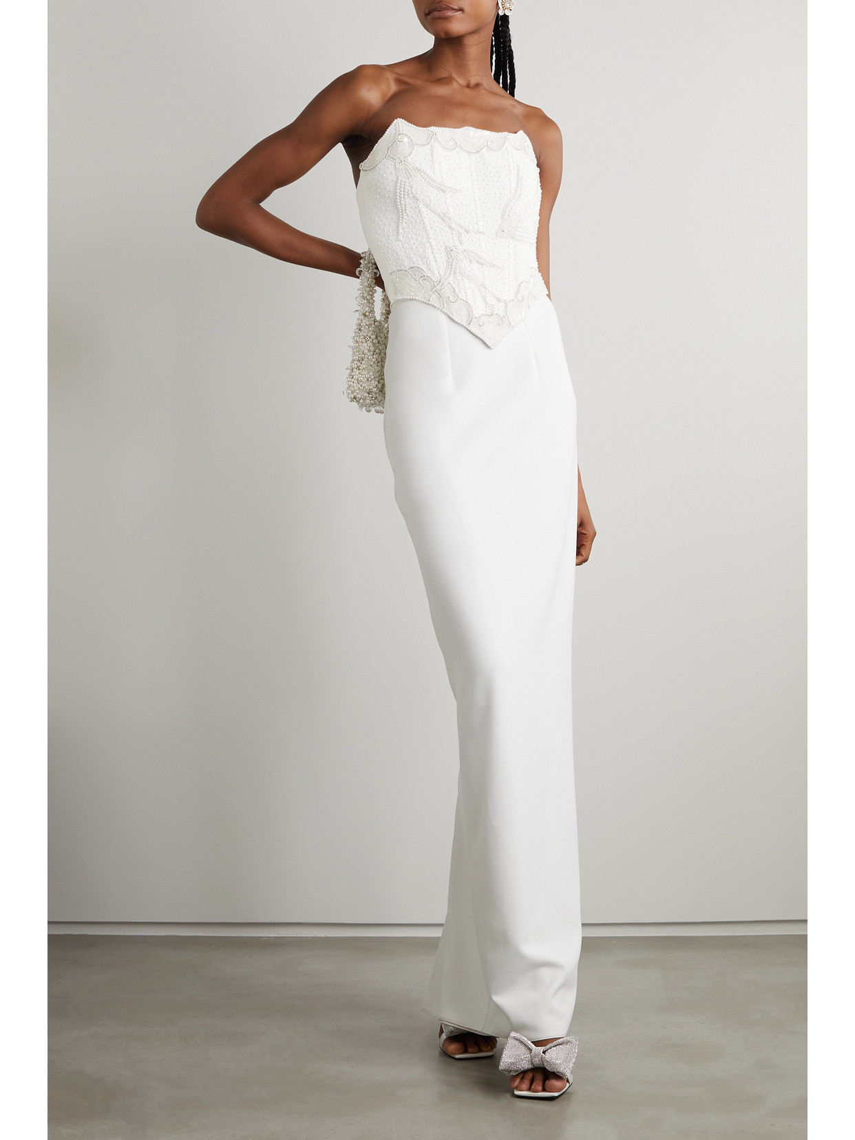 Shop Clio Peppiatt Embellished Crepe Bustier Top In Ivory