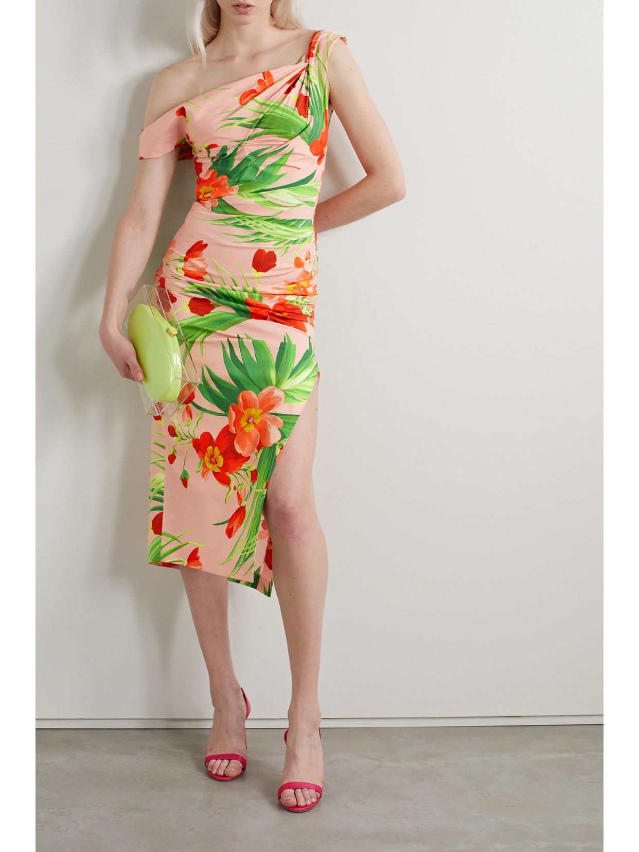 Carolina Herrera Floral-print Ruched Bodice Off-shoulder Midi Dress