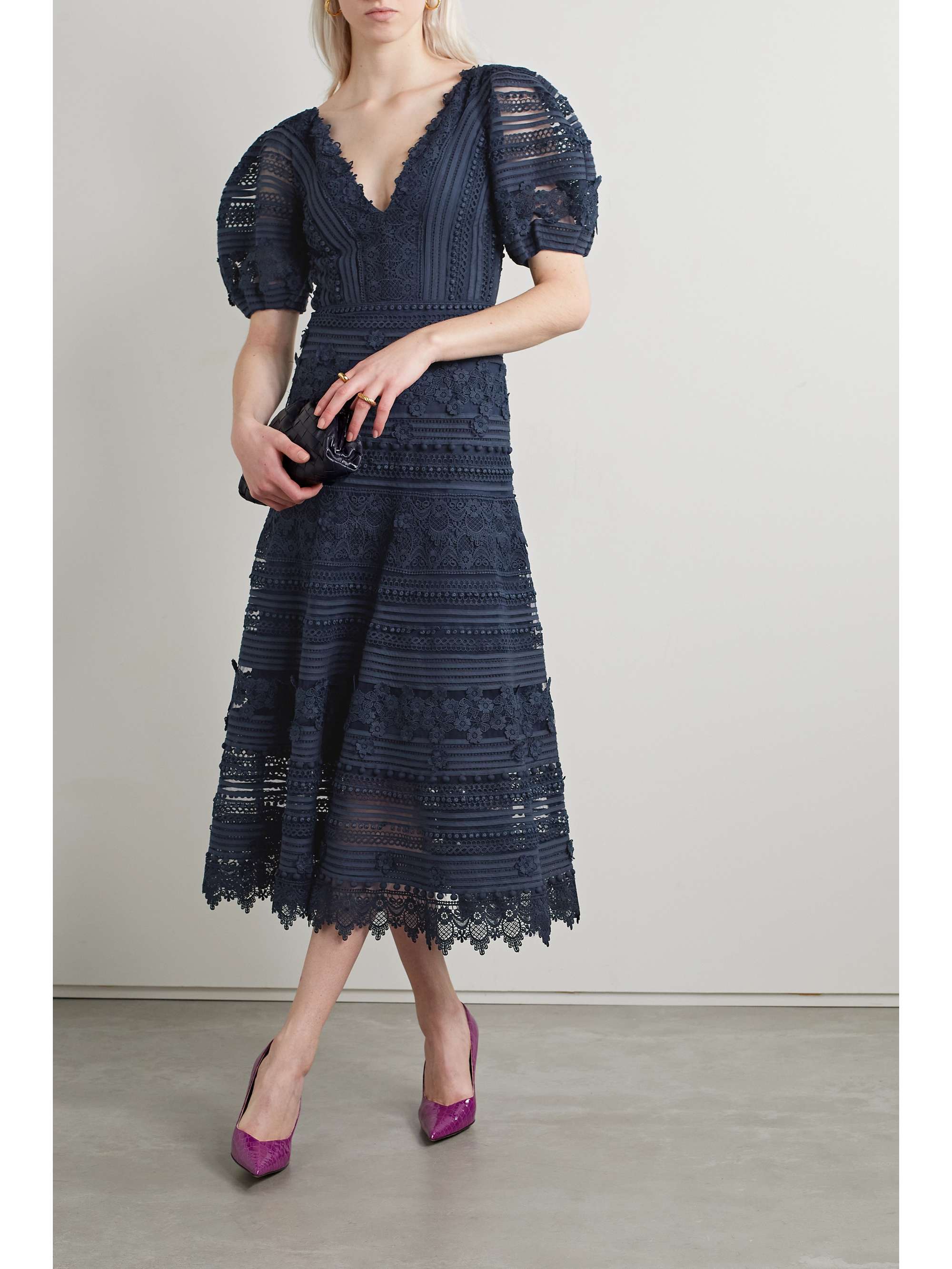 CAROLINA HERRERA Pintucked crochet and mesh midi dress