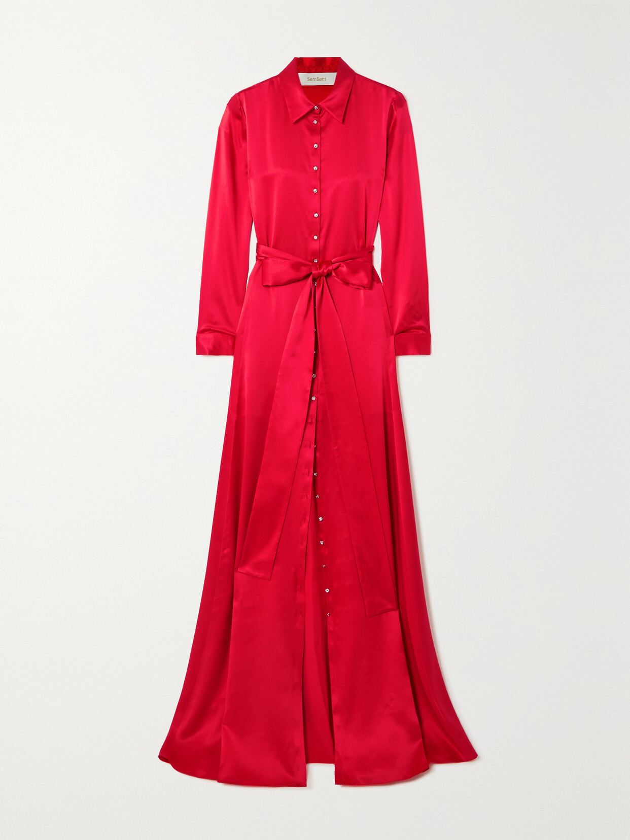 SemSem - + Net Sustain Belted Button-embellished Silk Maxi Shirt Dress - Red