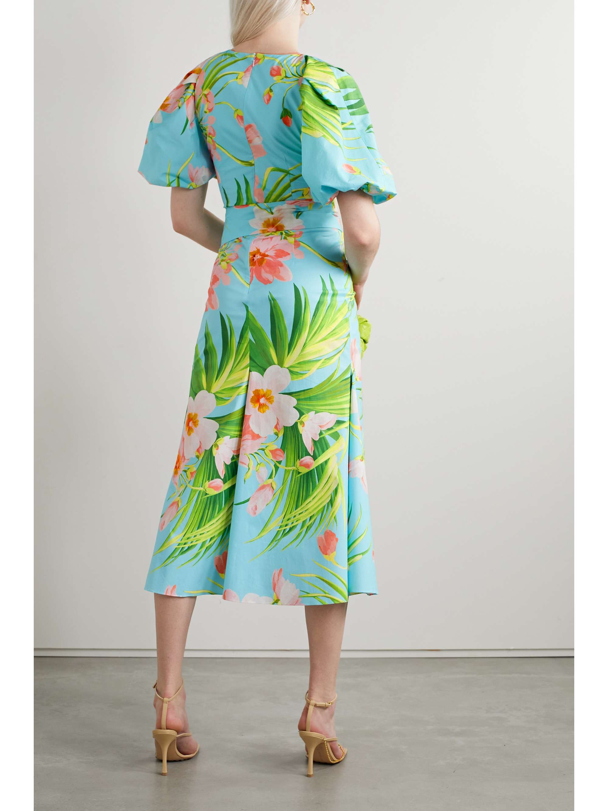 CAROLINA HERRERA Belted ruched printed stretch-cotton poplin midi dress