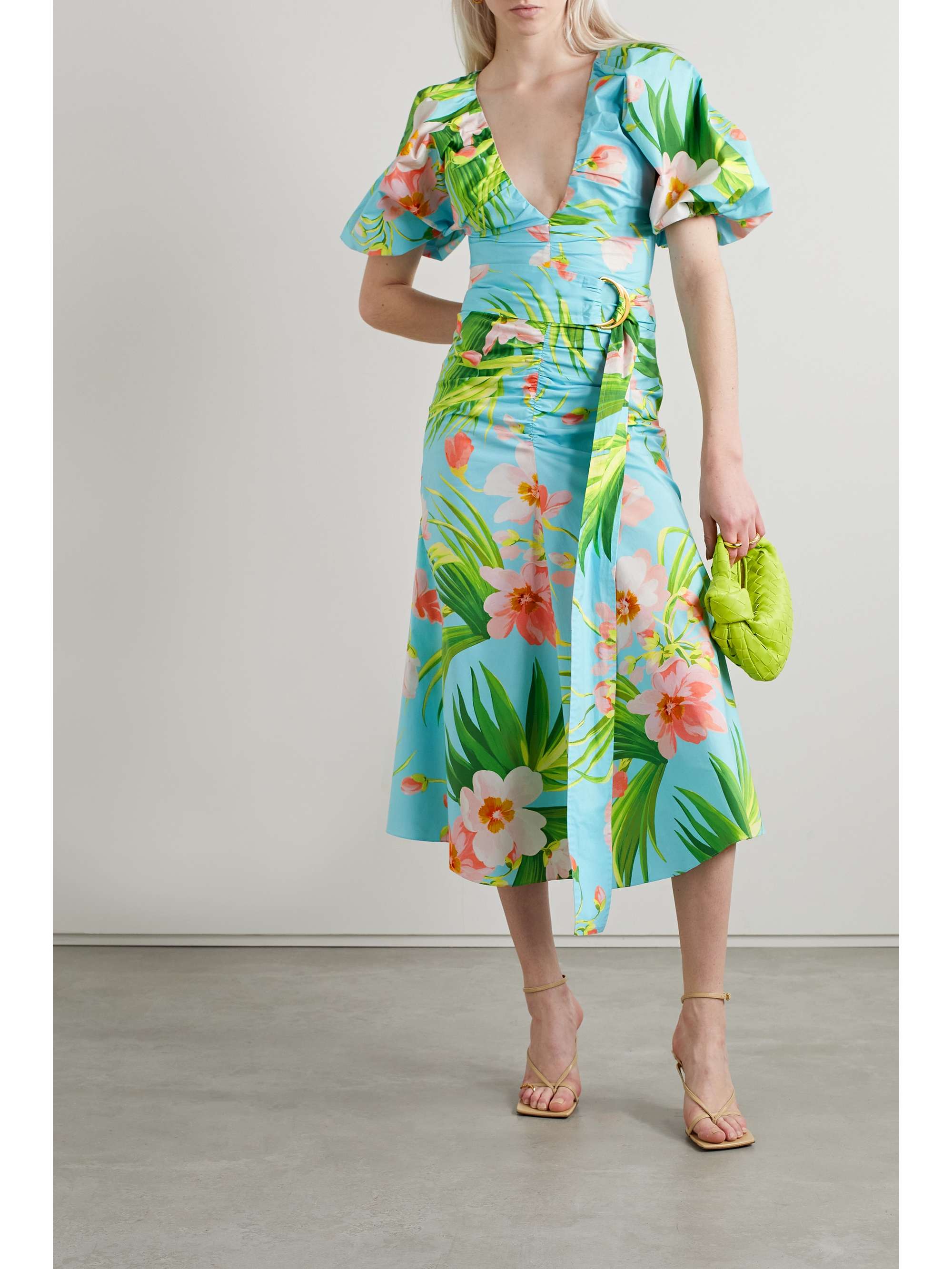 CAROLINA HERRERA Belted ruched printed stretch-cotton poplin midi dress