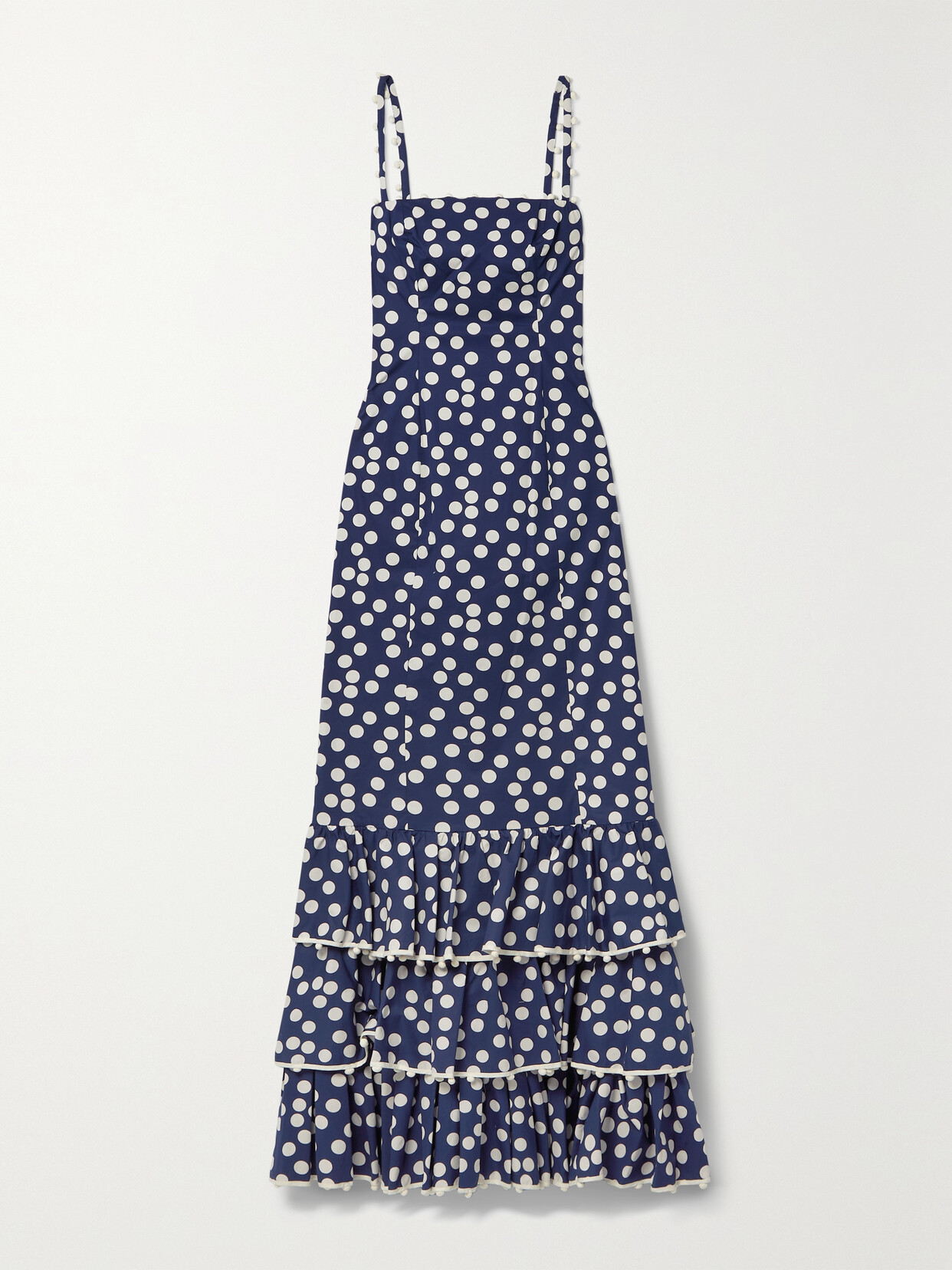 Carolina Herrera - Ruffled Pompom-embellished Polka-dot Stretch-cotton Poplin Maxi Dress - Blue