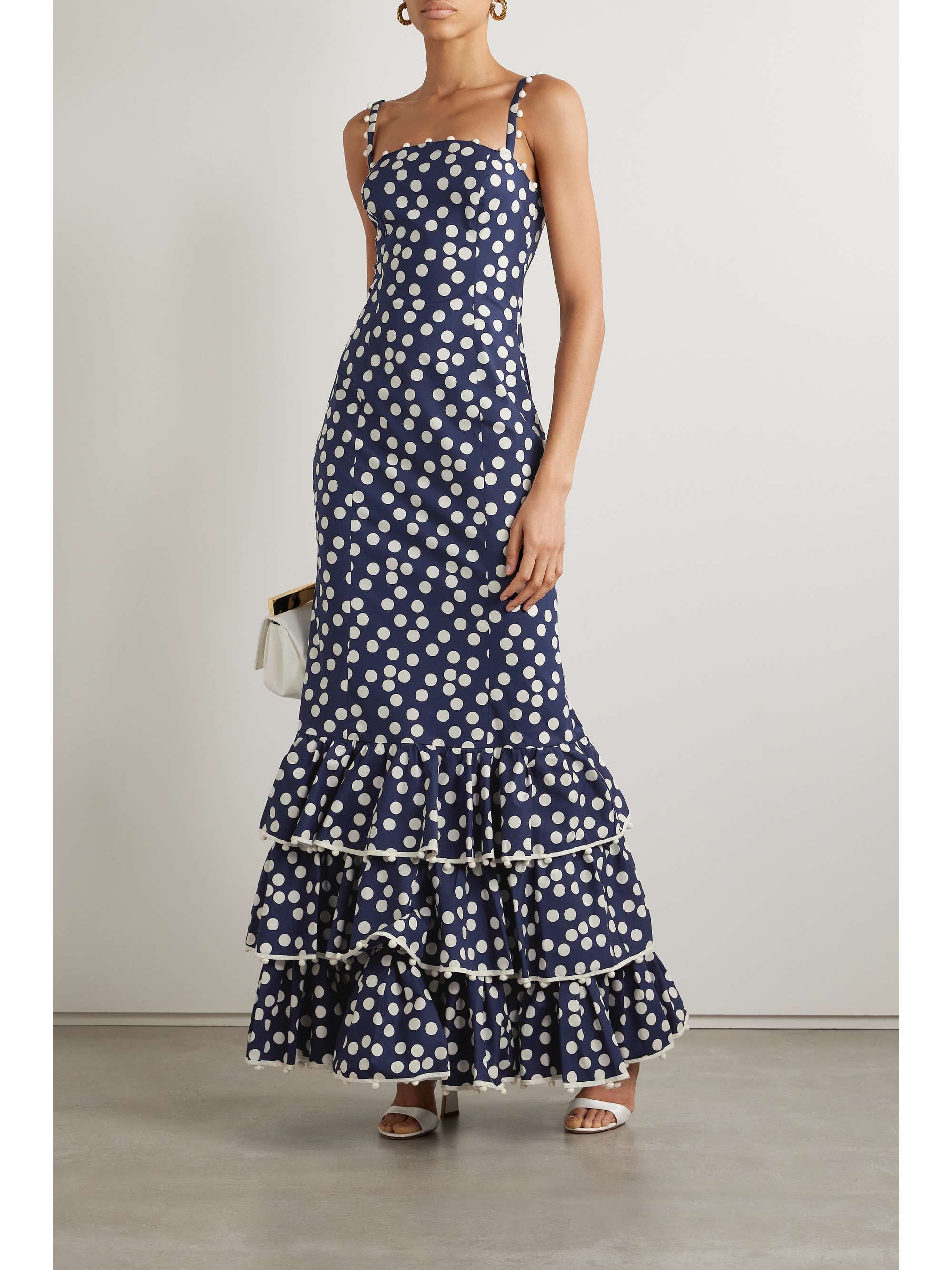 CAROLINA HERRERA Ruffled pompom-embellished polka-dot stretch-cotton ...