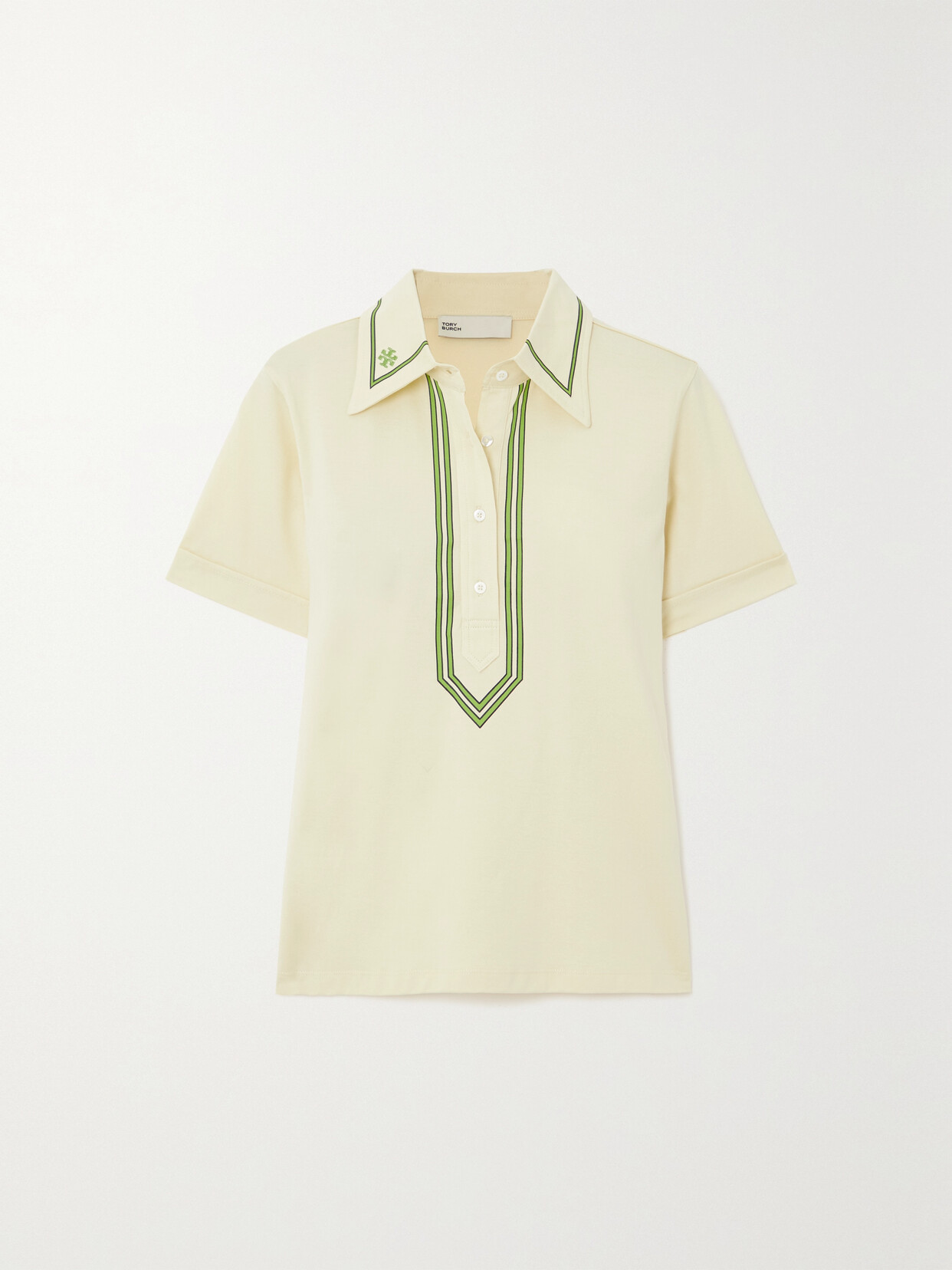 Tory Sport Tory Burch Retro Mercerized Cotton Polo In Sesame/bright Chartreuse