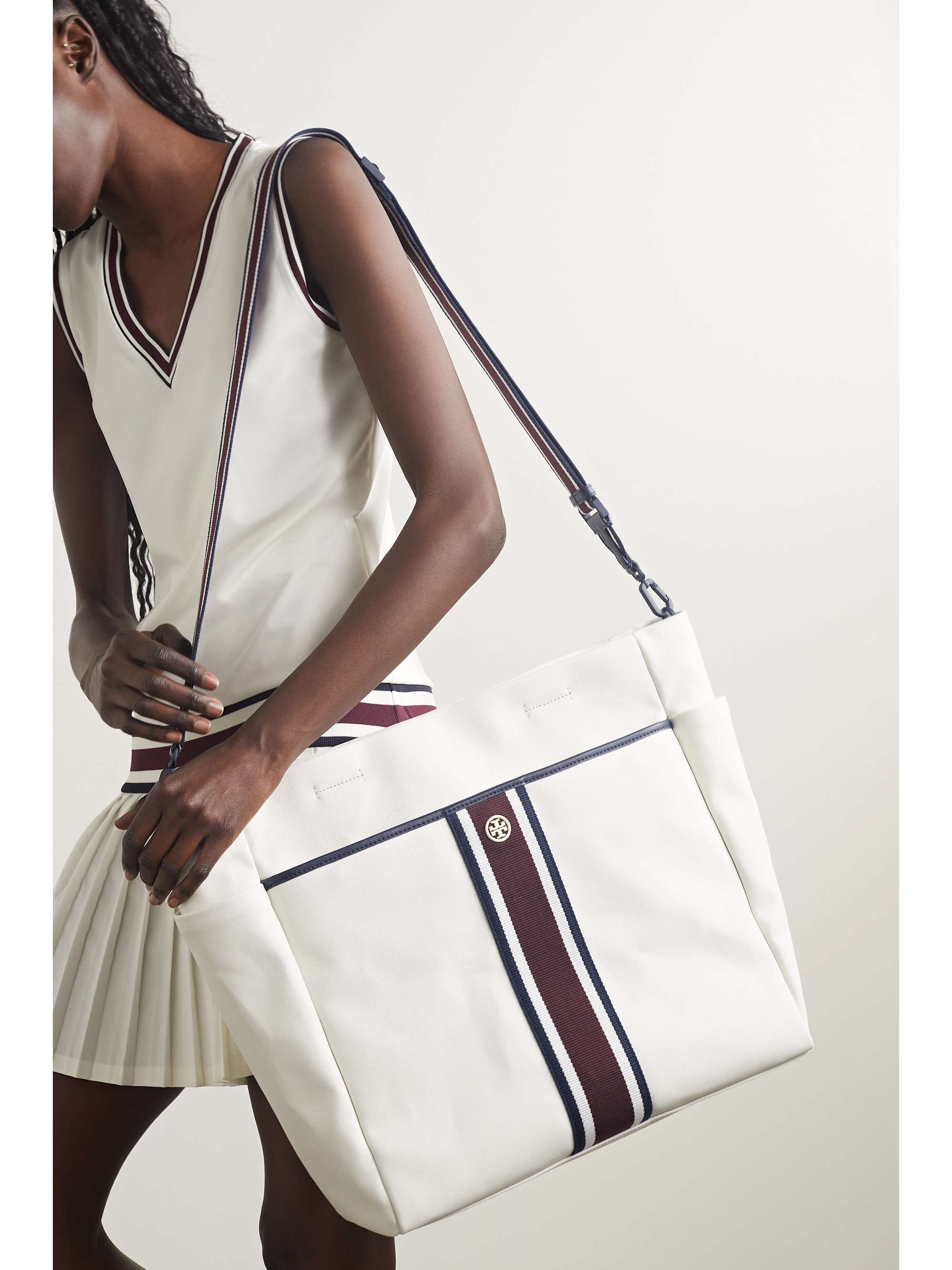 TORY SPORT Faux leather and webbing-trimmed canvas tote
