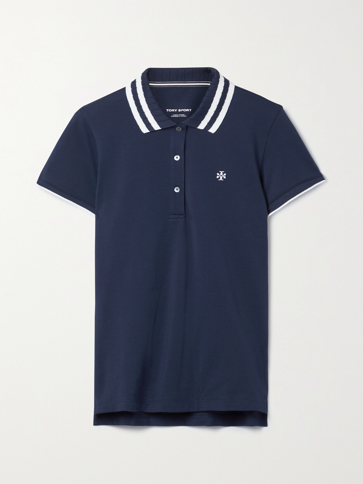 Tory Sport - Striped Embroidered Cotton-blend Piqué Polo Shirt - Blue