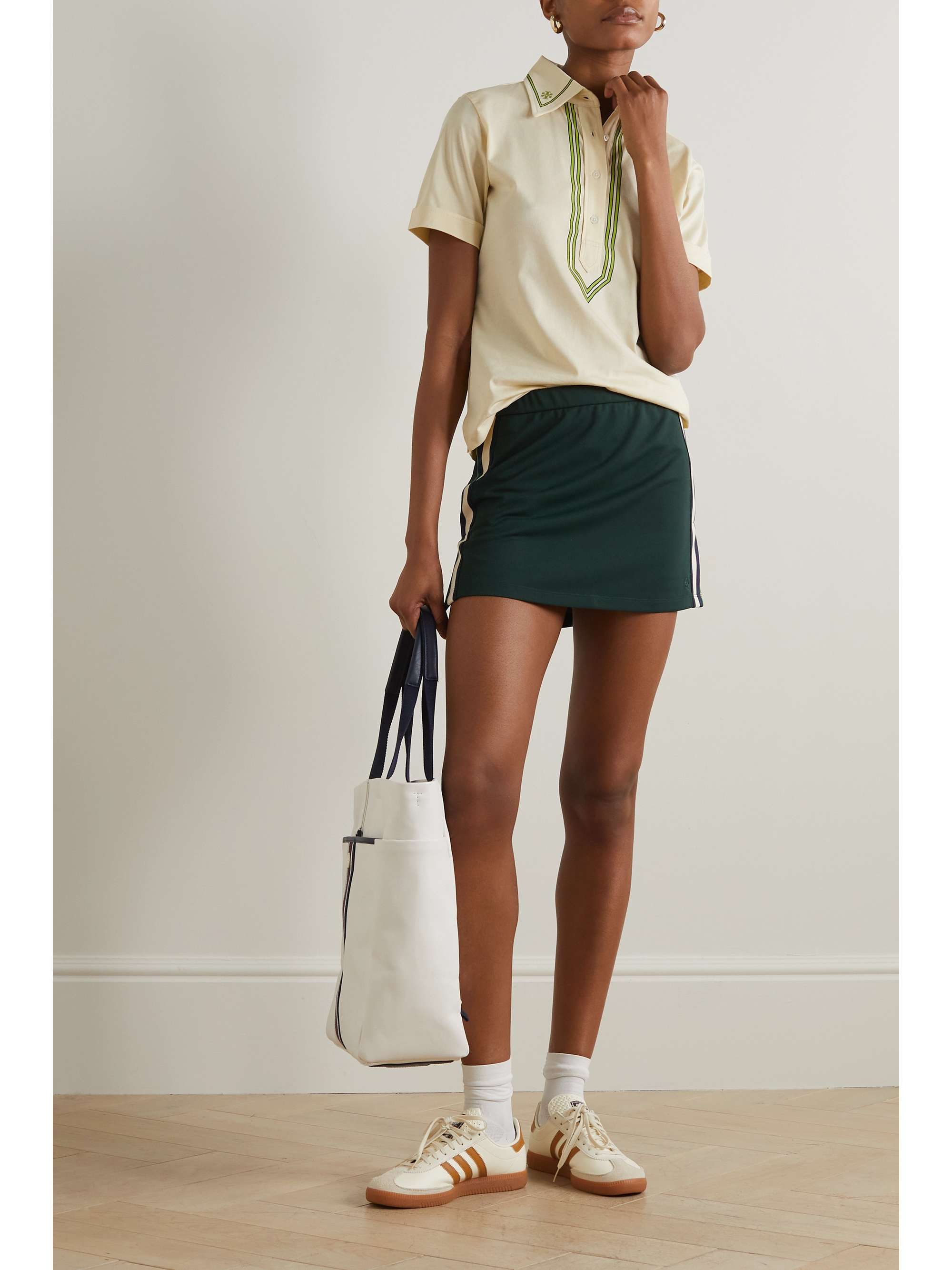 TORY SPORT Striped webbing-trimmed piqué tennis skirt