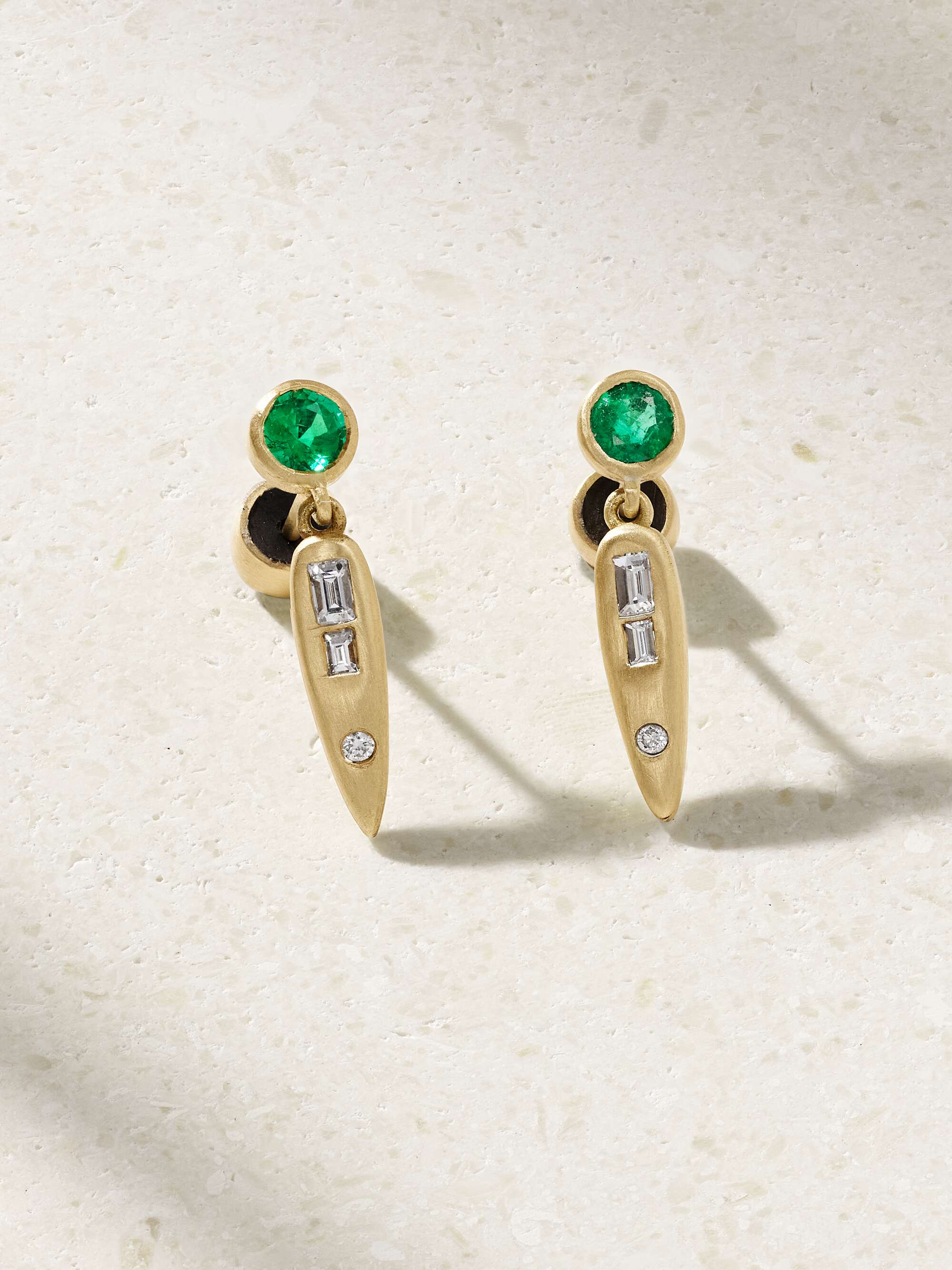 Grass Beam 18 karat gold diamond and emerald earrings