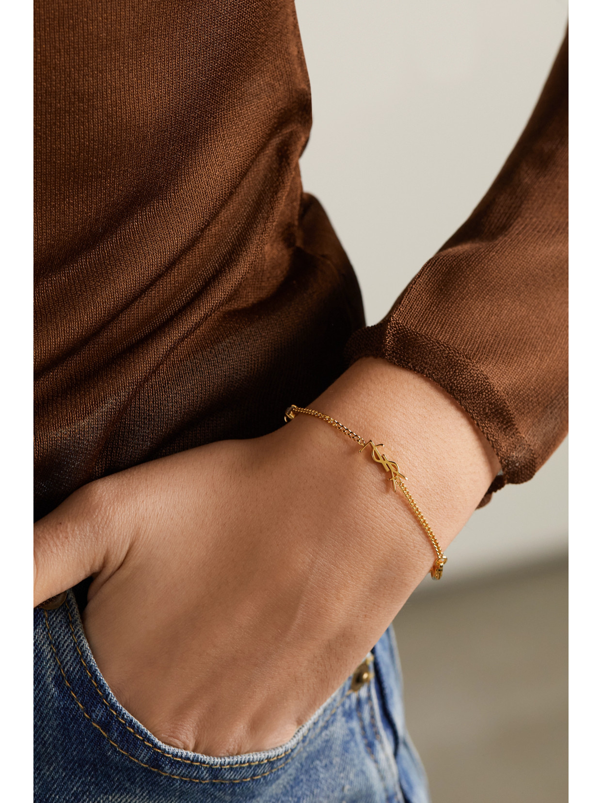 Saint Laurent Metal And Rhinestone Cassandre Heart Charm Bracelet Accessories In Gold