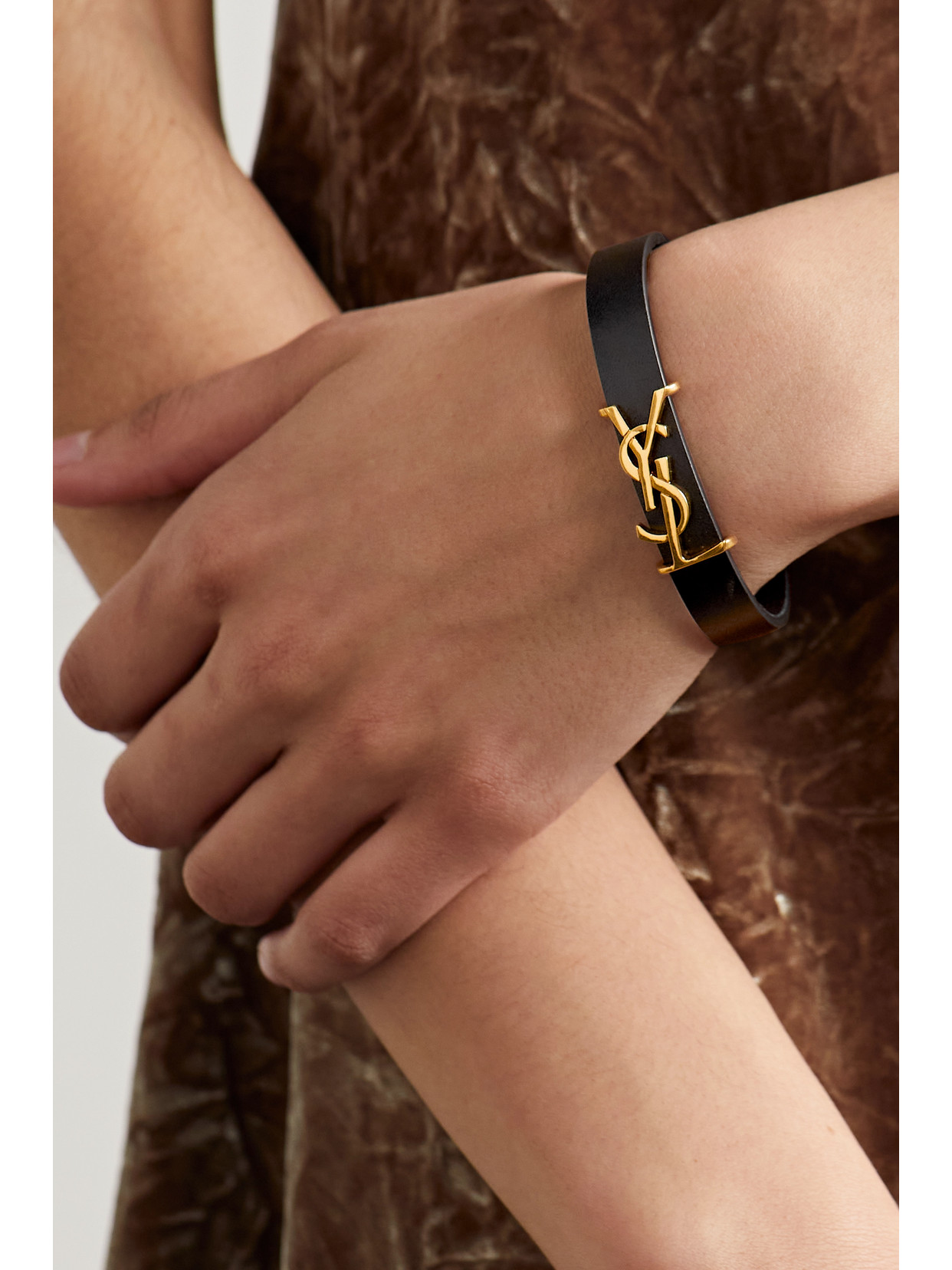 Shop Saint Laurent Opyum Leather And Gold-tone Bracelet In Black