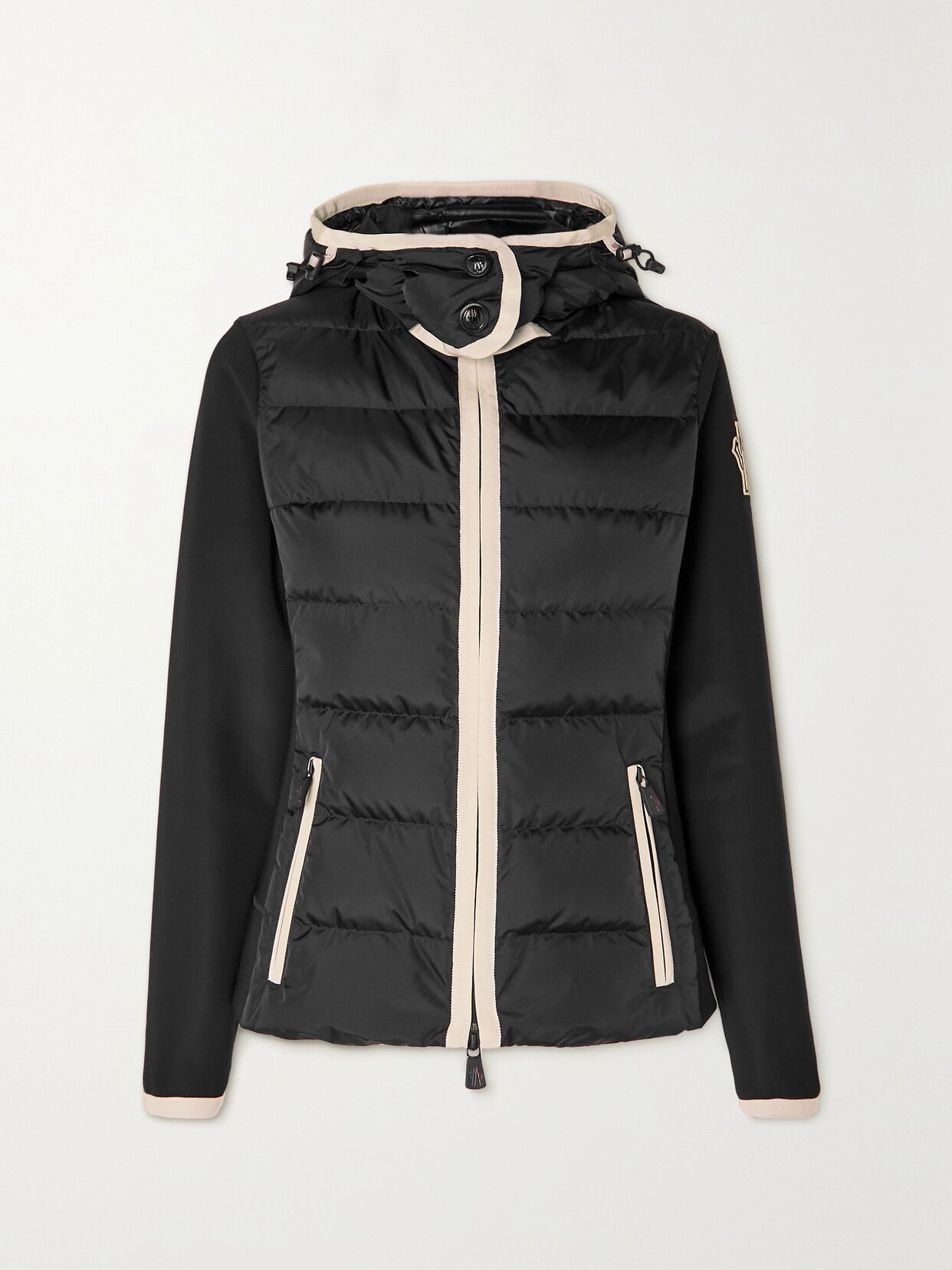 Hooded paneled twill and quilted stretch-shell down jacket
