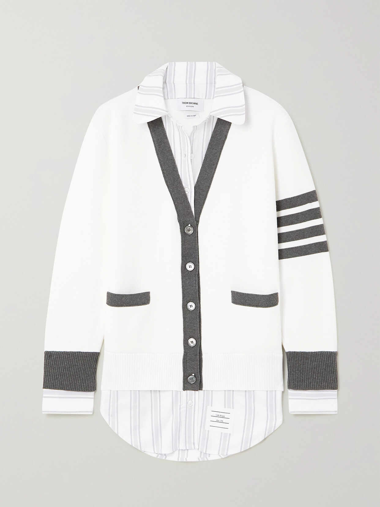 THOM BROWNE LAYERED STRIPED OXFORD COTTON AND KNITTED CARDIGAN