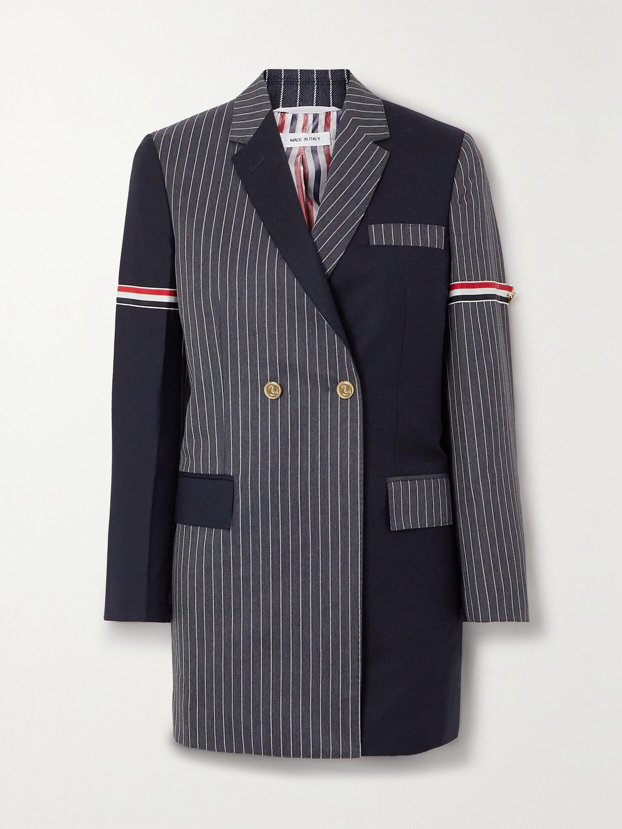 THOM BROWNE DOUBLE-BREASTED PANELED PINSTRIPED WOOL-TWILL BLAZER