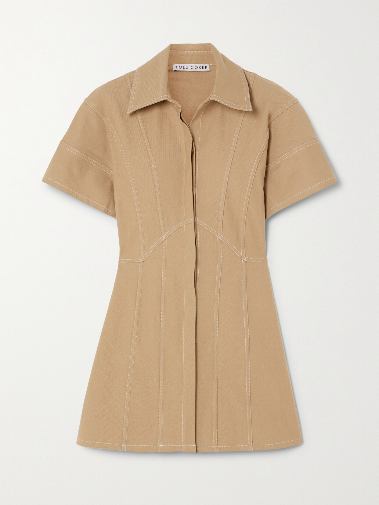 Tolu Coker - + The Vanguard Paneled Denim Mini Shirt Dress - Brown