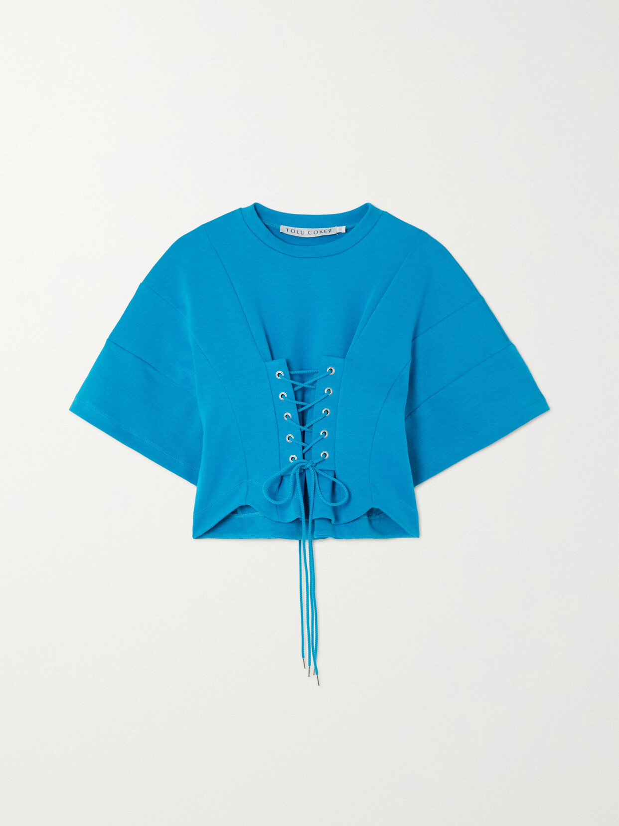 Tolu Coker + The Vanguard Cropped Lace-up Organic Cotton-blend Top - Blue