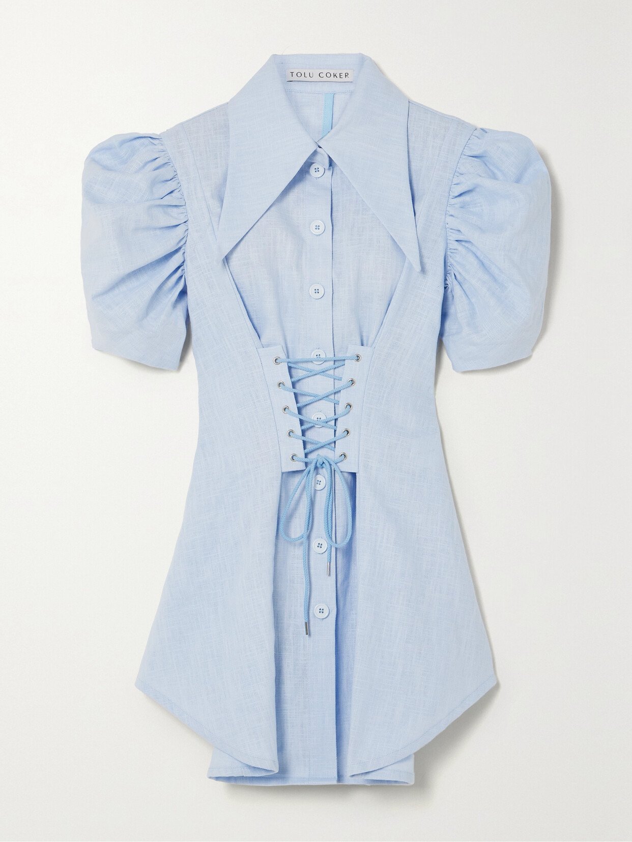 Tolu Coker - + The Vanguard Lace-up Linen Mini Shirt Dress - Blue