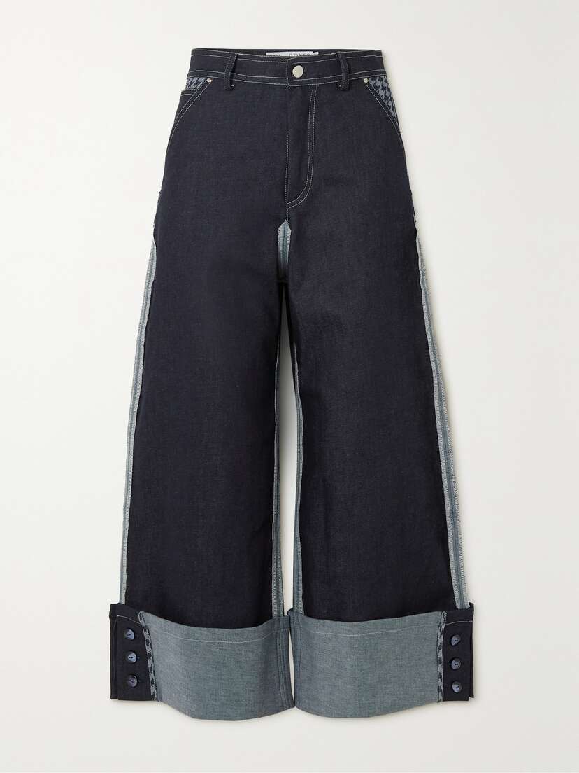 Tolu Coker + The Vanguard Jacquard-paneled High-rise Wide-leg Jeans