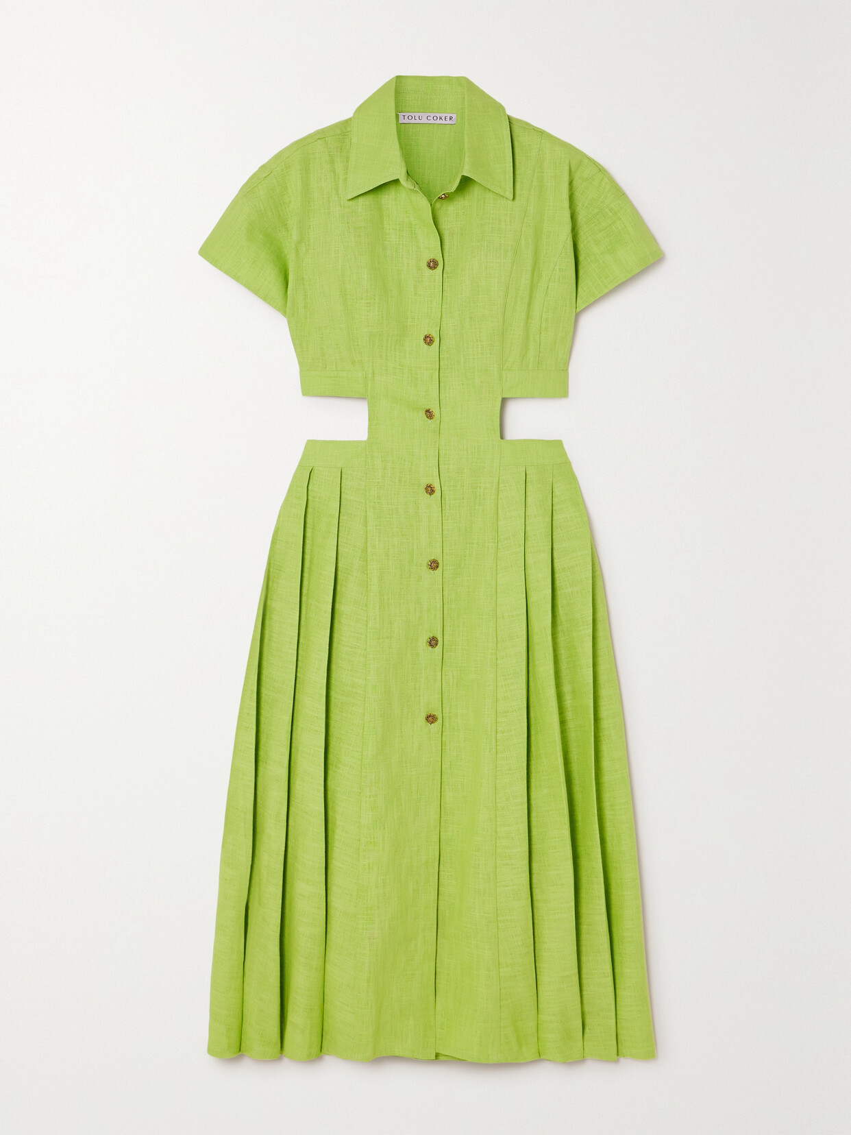 Tolu Coker + The Vanguard Cutout Pleated Linen-gauze Midi Shirt Dress - Green
