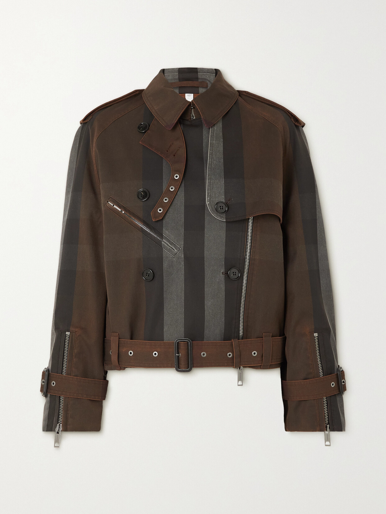 Burberry - Belted Double-breasted Checked Gabardine Biker Jacket - Brown