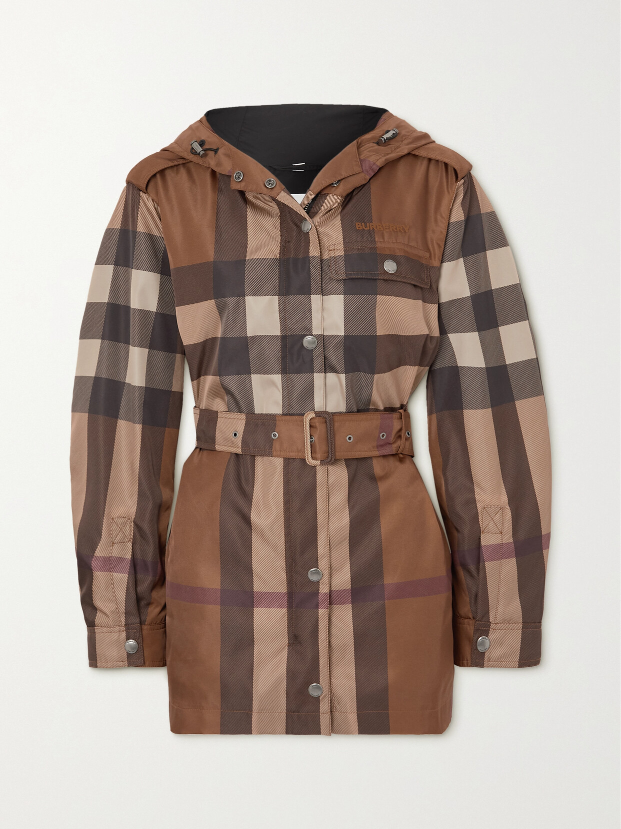 Burberry - Hooded Belted Checked Shell Jacket - Brown