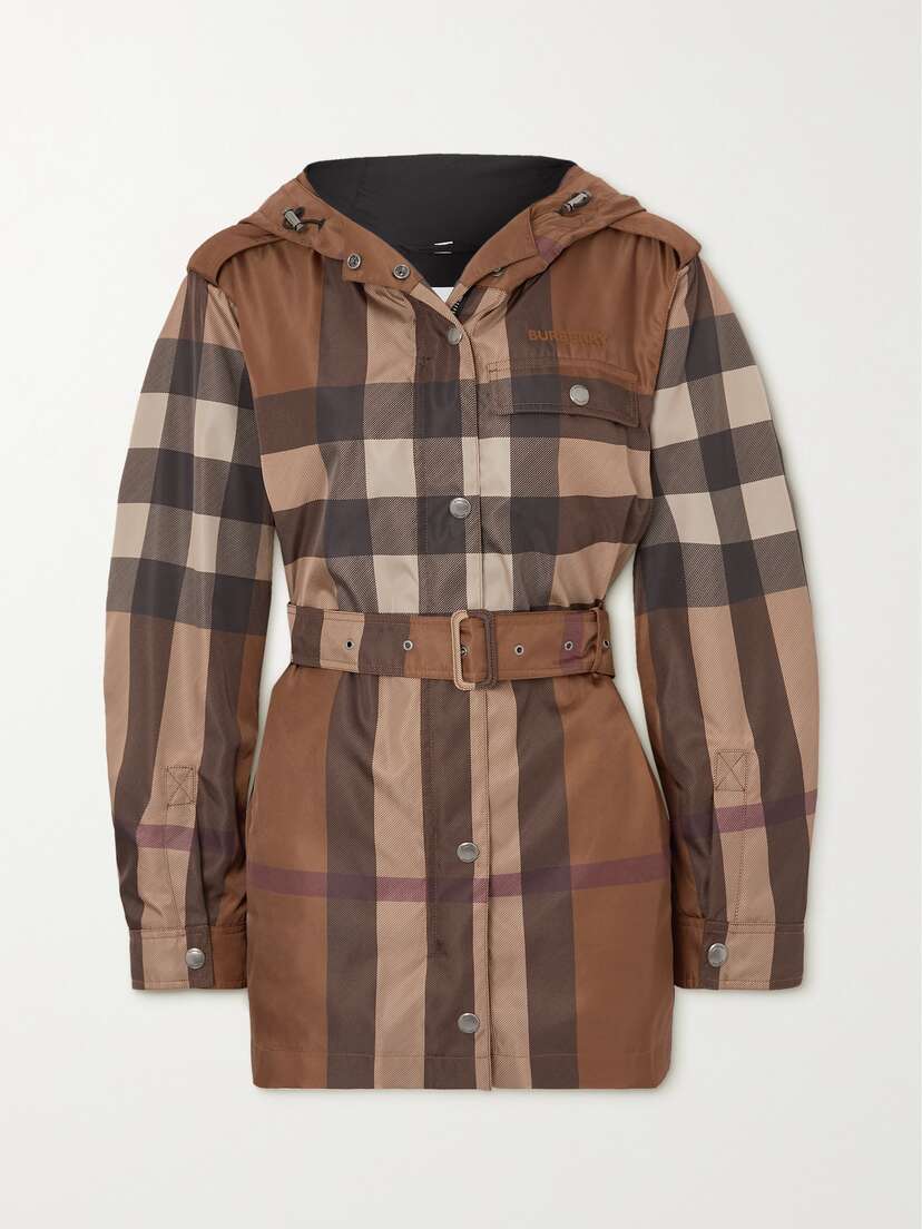 Burberry Hooded Belted Checked Shell Jacket - - UK 16