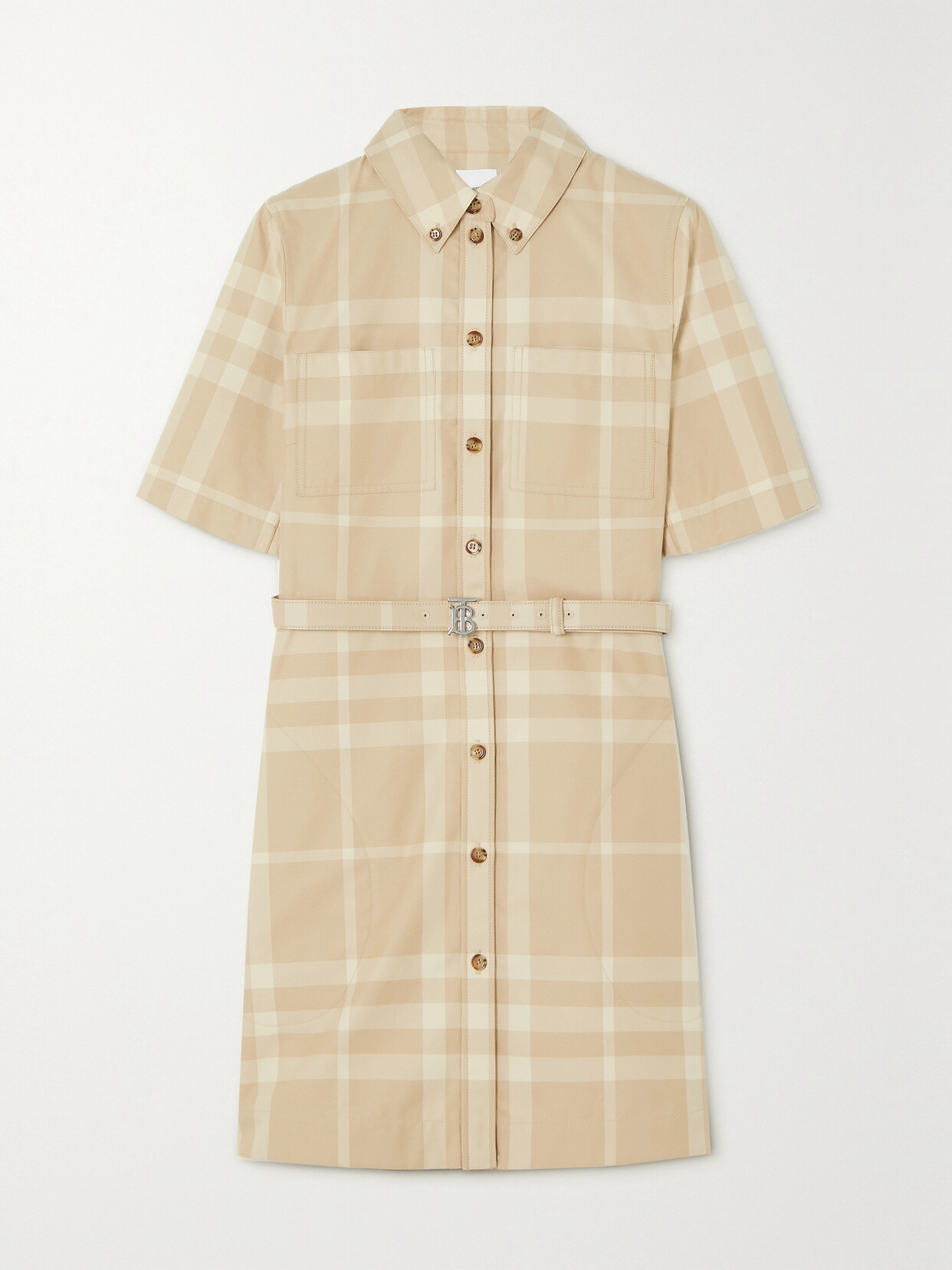 Shop Burberry Belted Checked Cotton-gabardine Mini Shirt Dress In Neutrals