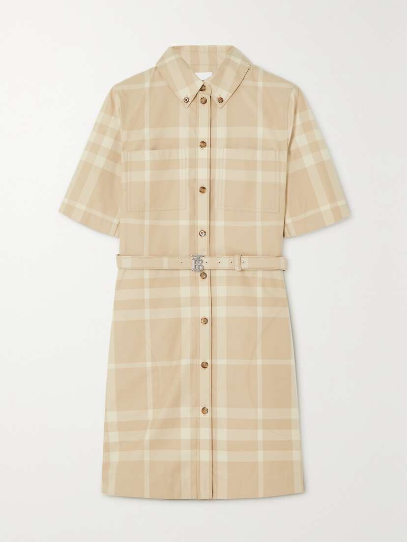 Burberry Belted Checked Cotton-gabardine Mini Shirt Dress -  - UK 16