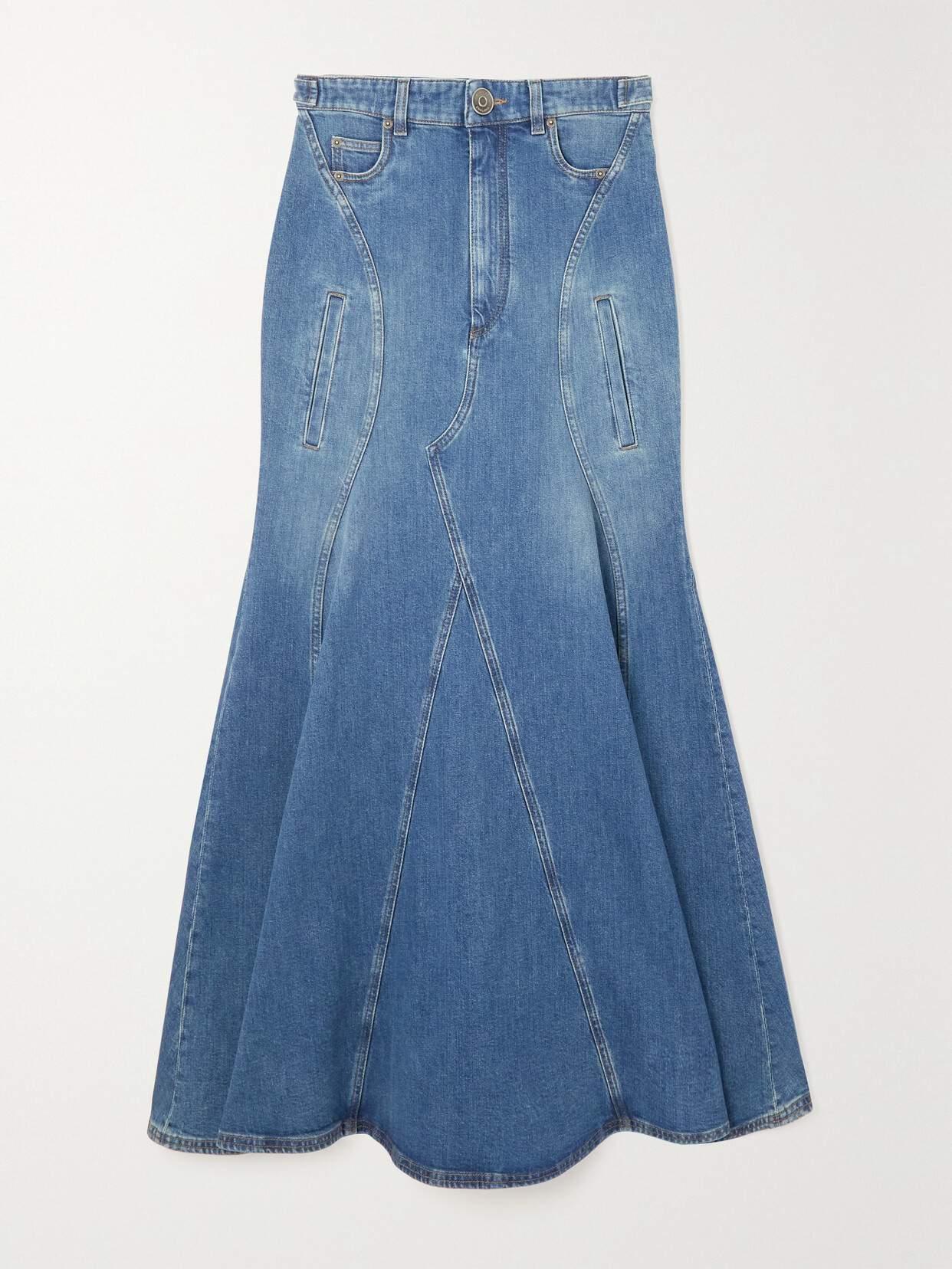 Burberry Pleated Paneled Denim Maxi Skirt In Blue