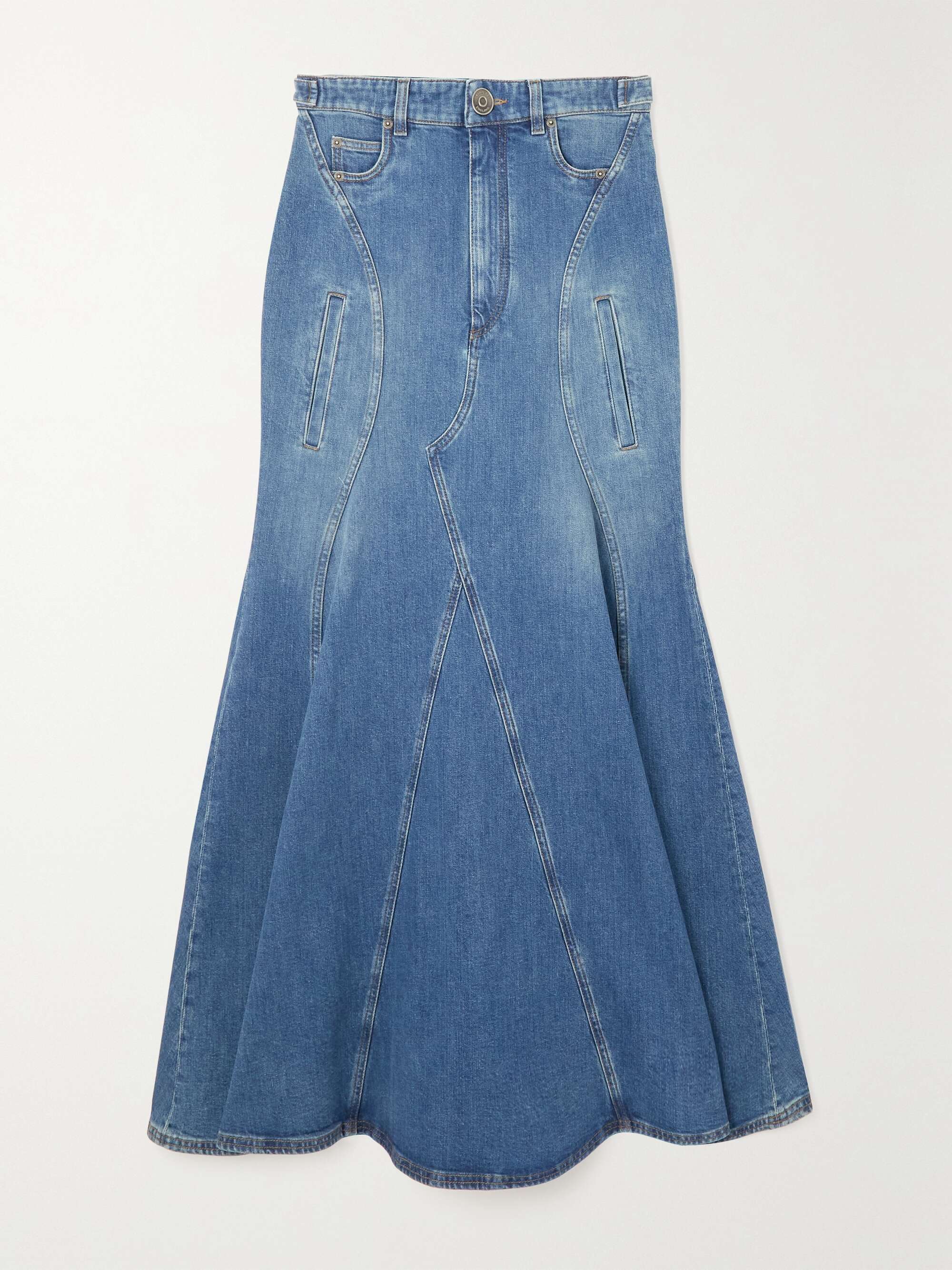 BURBERRY Pleated paneled denim maxi skirt | NET-A-PORTER