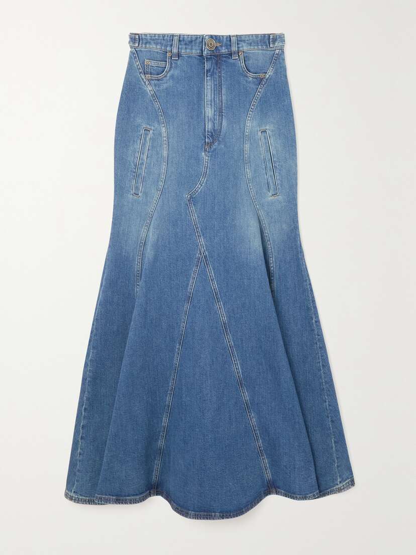 Burberry Pleated Paneled Denim Maxi Skirt