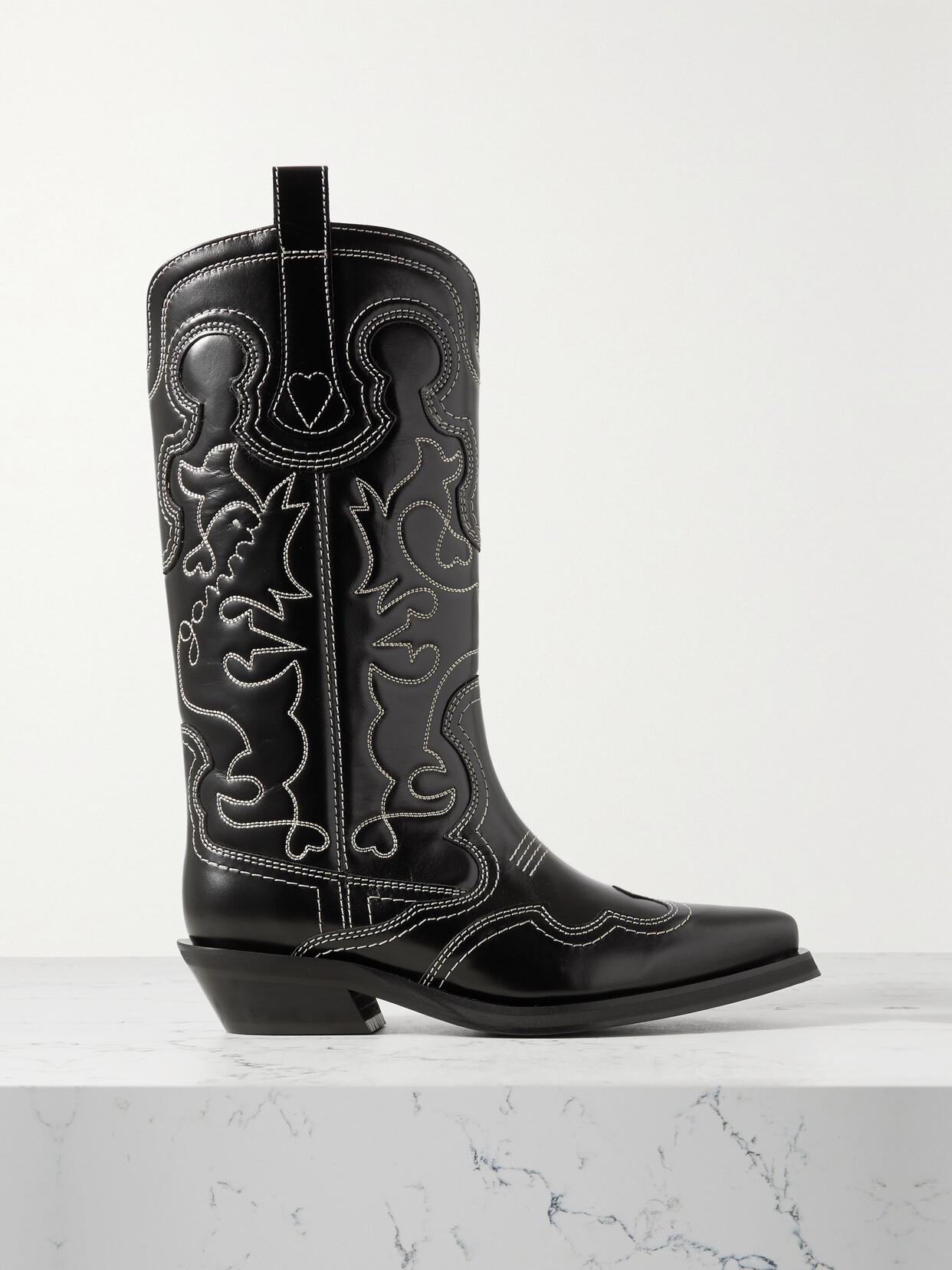 GANNI - Embroidered Leather Cowboy Boots - Black