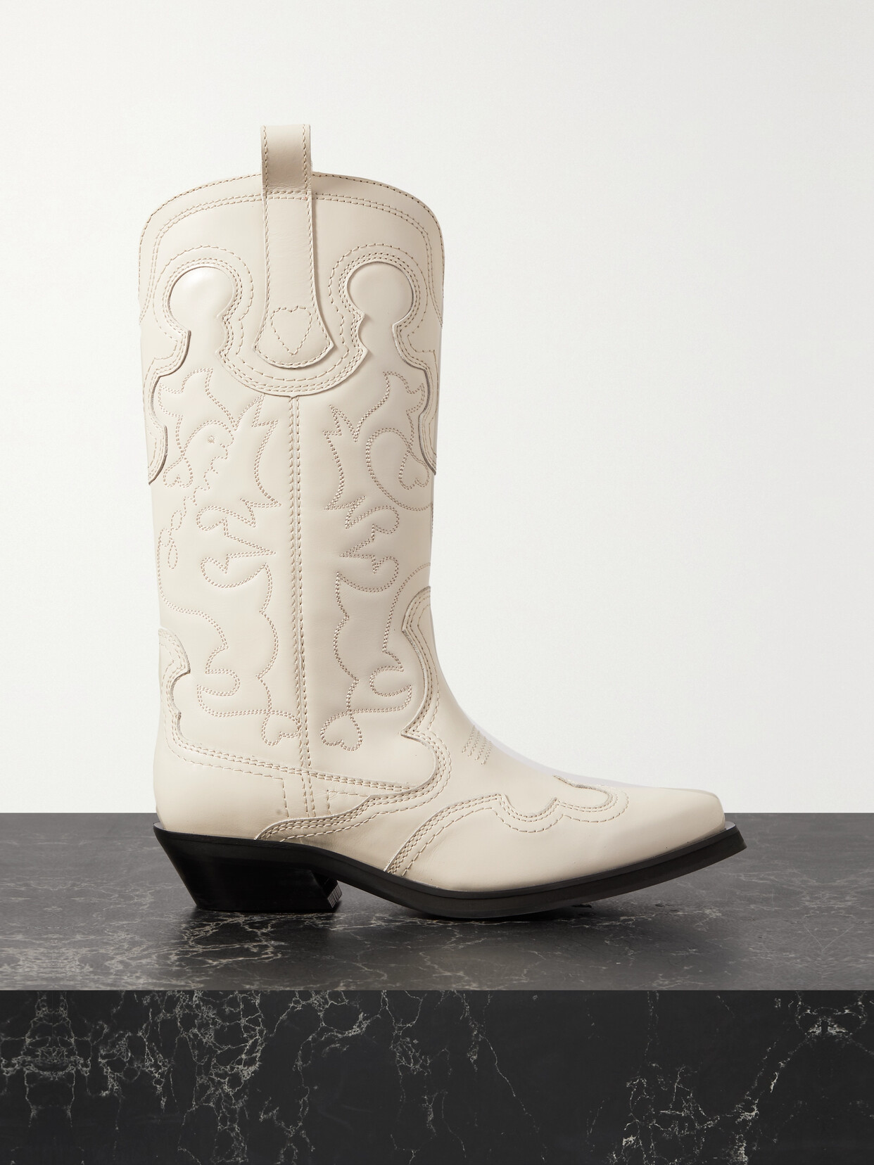 GANNI - Embroidered Leather Cowboy Boots - White