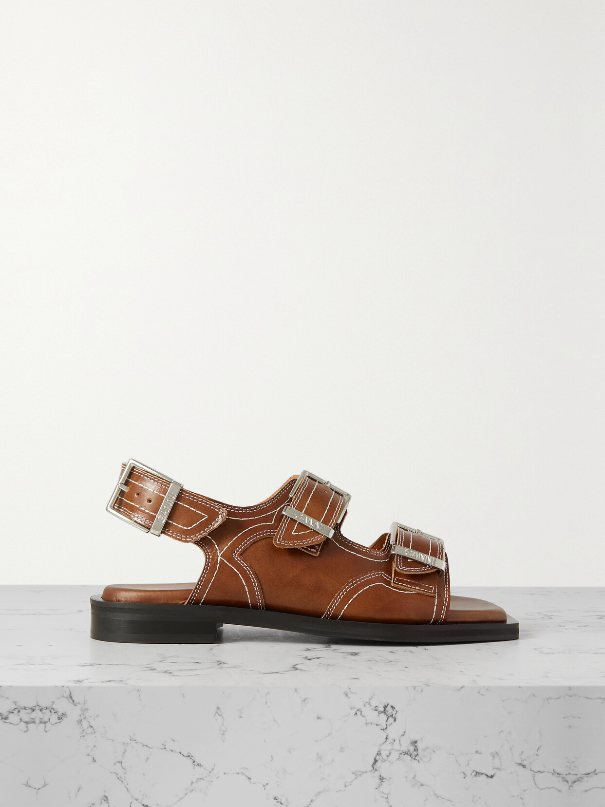 GANNI Topstitched Leather Slingback Sandals - Brown