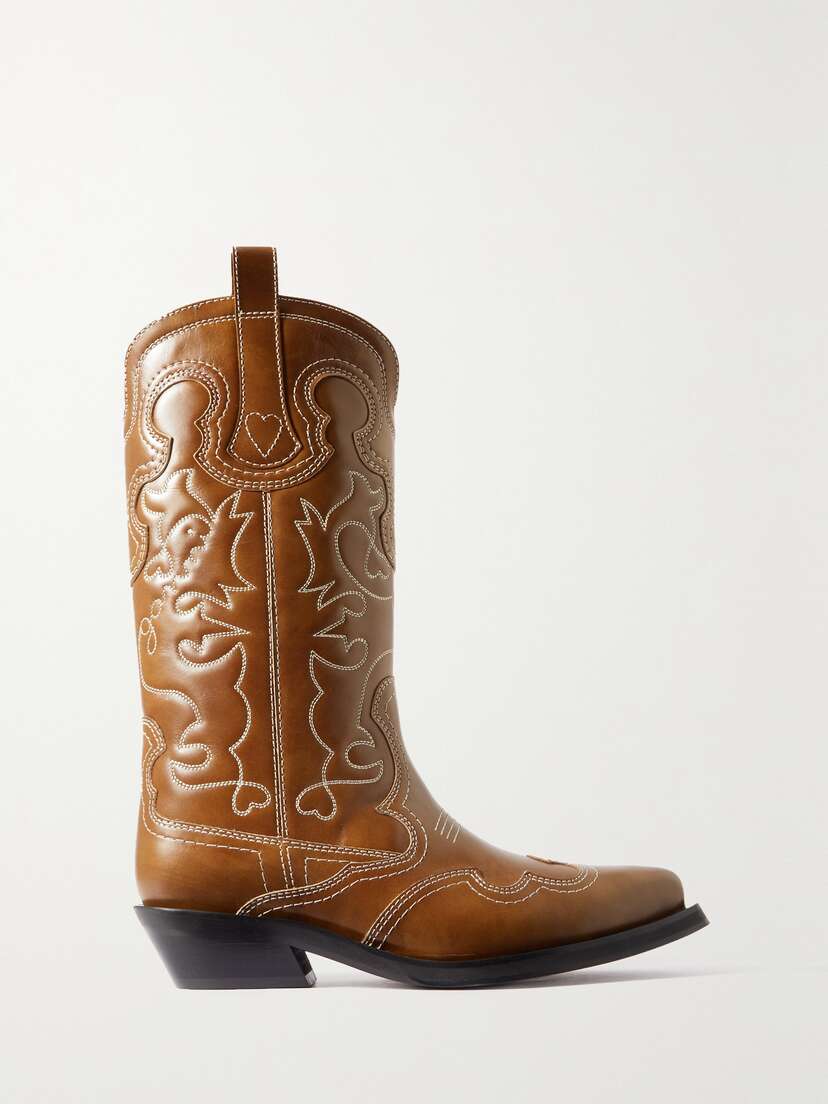 Ganni Embroidered Leather Cowboy Boots