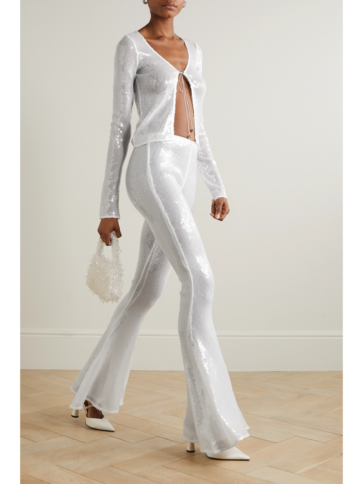 Shop 16arlington Koro Sequined Tulle Flared Pants In White